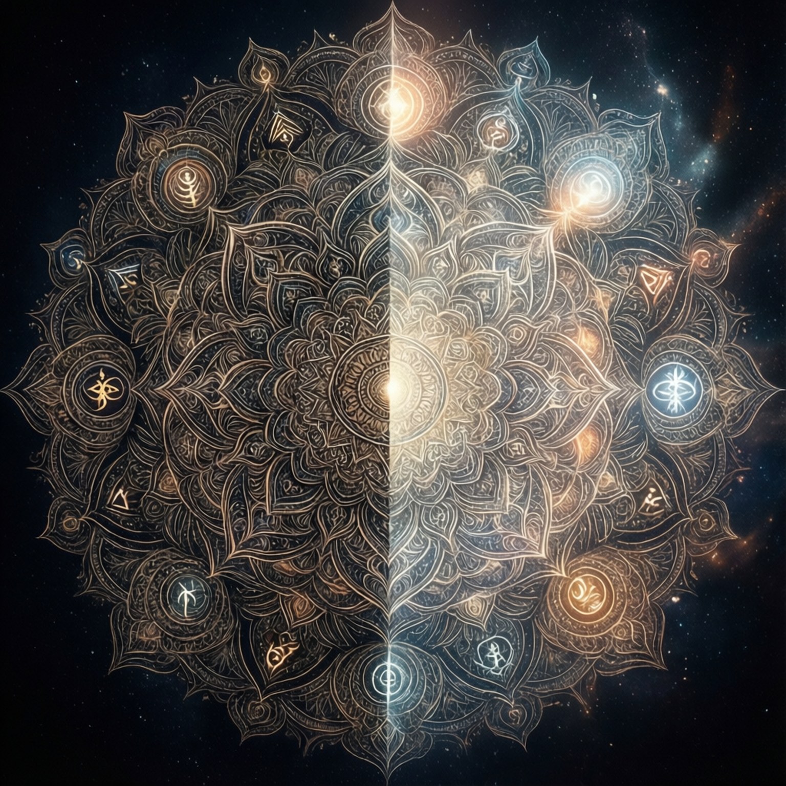 神秘曼陀羅 壁紙 — 一個對稱的曼陀羅，帶有金色和藍色發光符號，在星空宇宙背景中放射光芒。