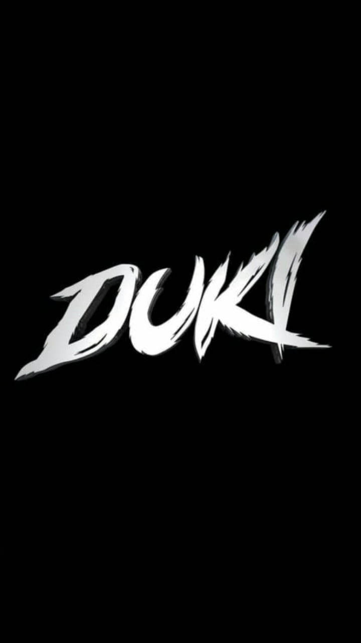 黑色背景上的白色風格化文字 DUKI