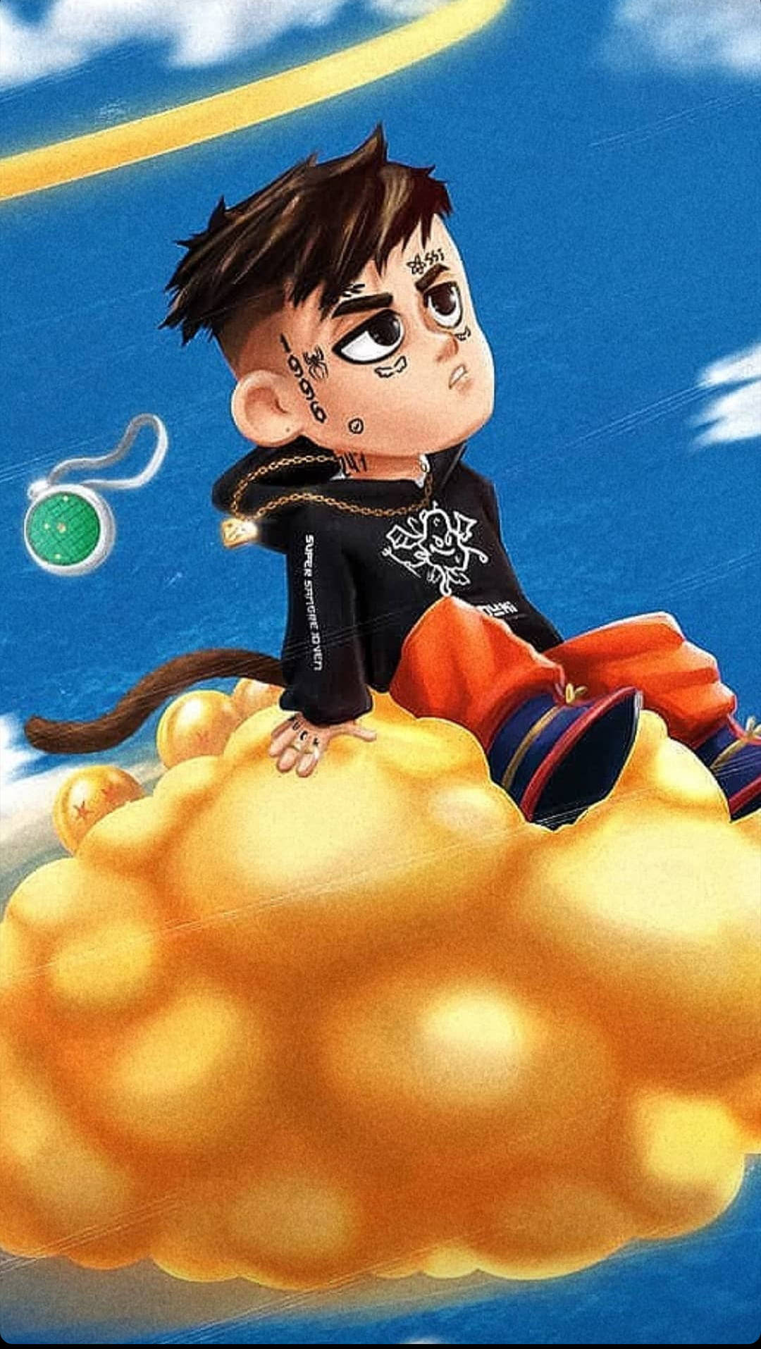 有紋身的動漫男孩坐在藍天中的金色雲朵上。