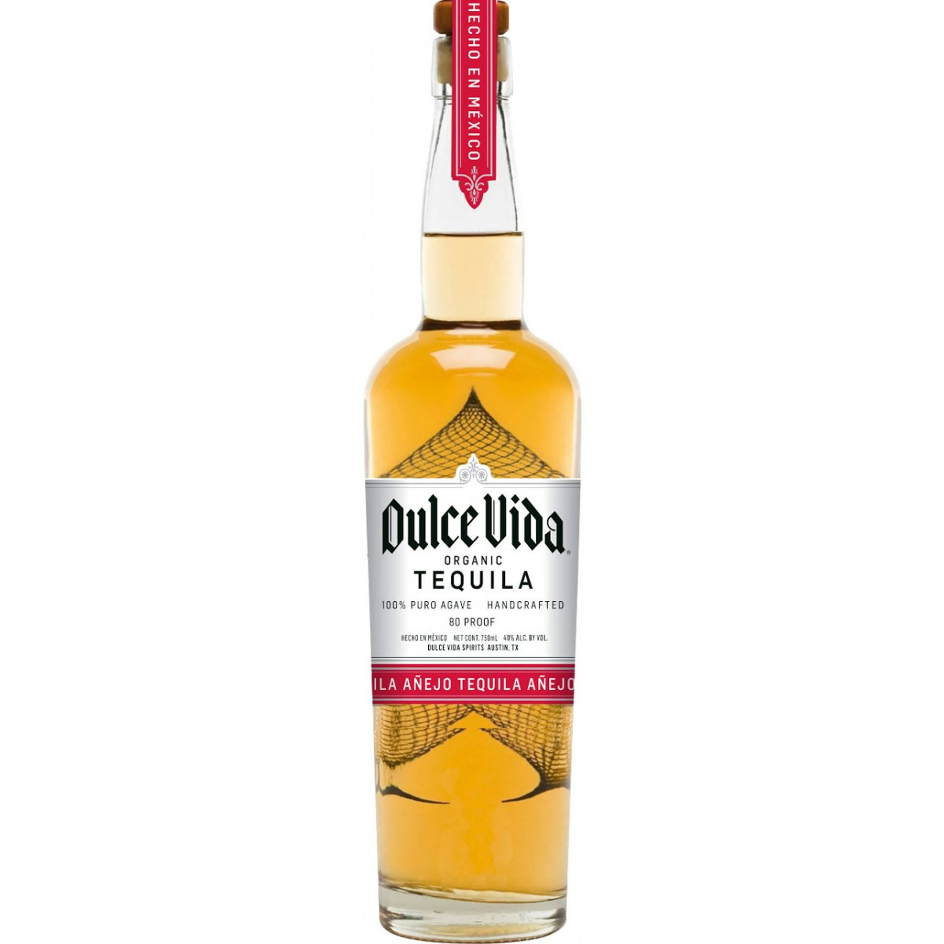 一瓶Dulce Vida Organic Tequila Añejo，裝有金色液體和紅色標籤。