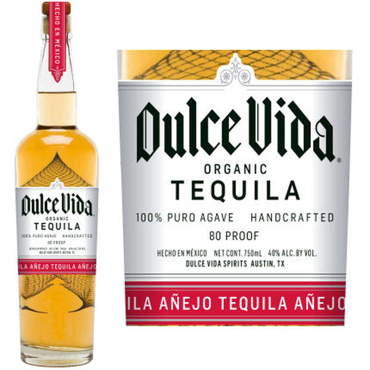 Dulce Vida 有機龍舌蘭酒 - 風味墨西哥 壁紙 — Dulce Vida Organic Añejo Tequila 的瓶子和標籤，在潔白背景上展示金色液體和優雅字體。