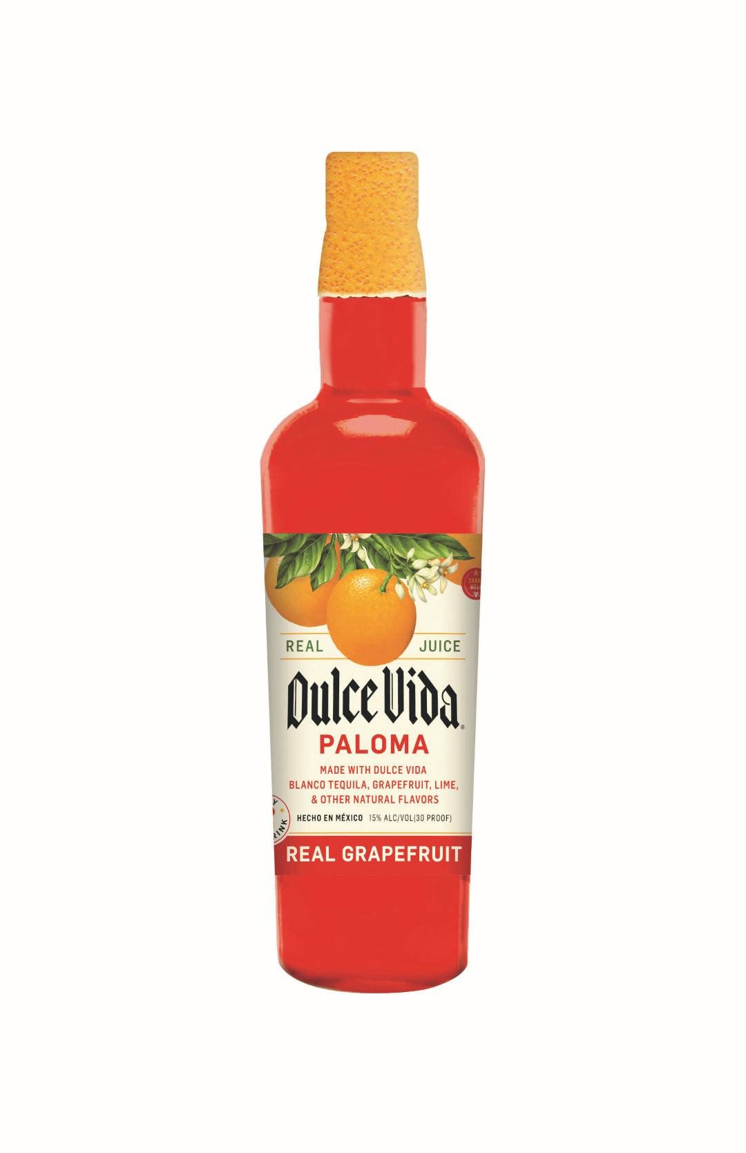 紅色Dulce Vida Paloma雞尾酒瓶，標籤上有橙和西柚圖案。