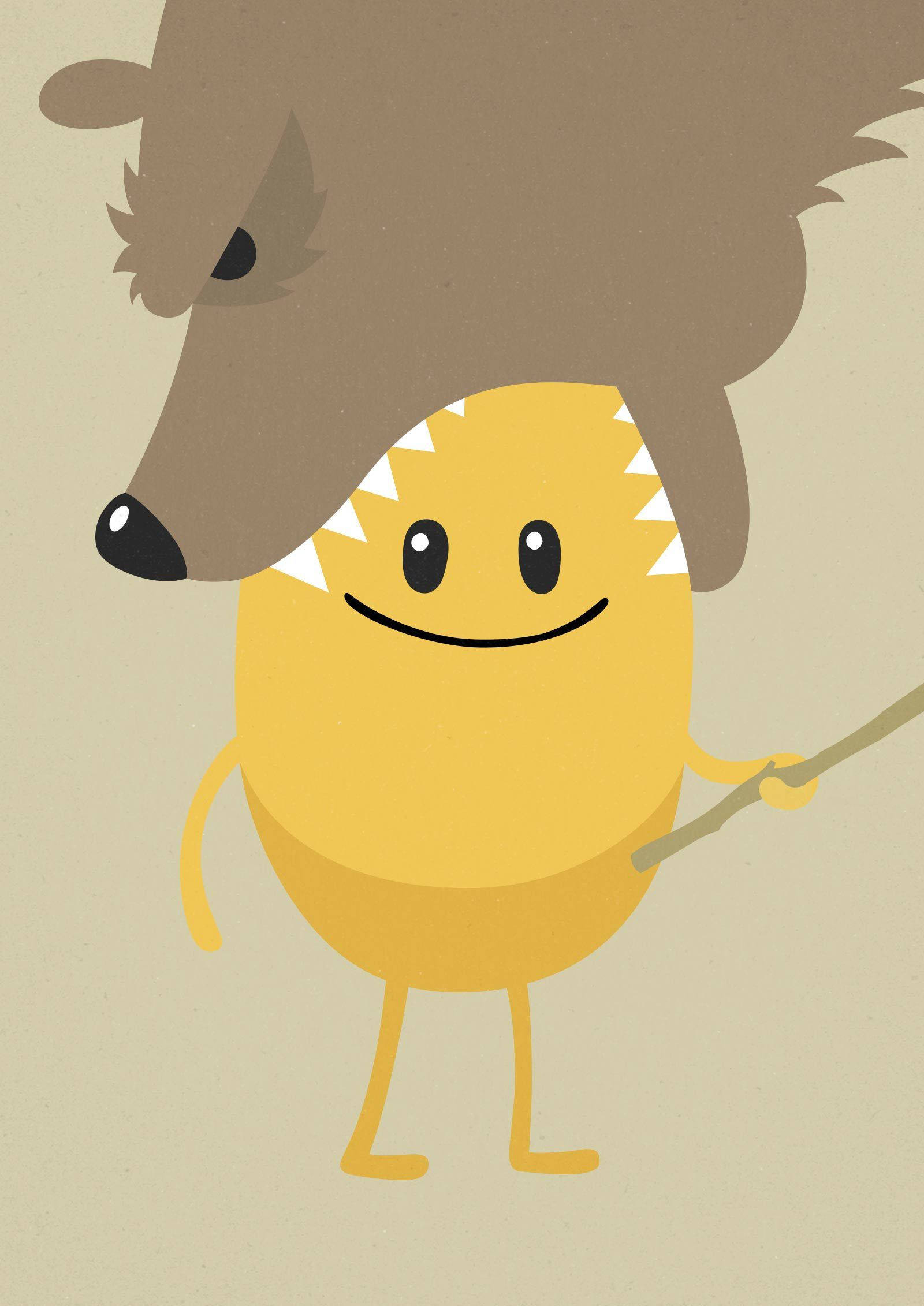 Dumb Ways To Die 熊 壁紙 — 一個開心的黃色卡通角色，面帶微笑，牙齒呈鋸齒狀，戴著棕色狗帽，手持一根棍子。