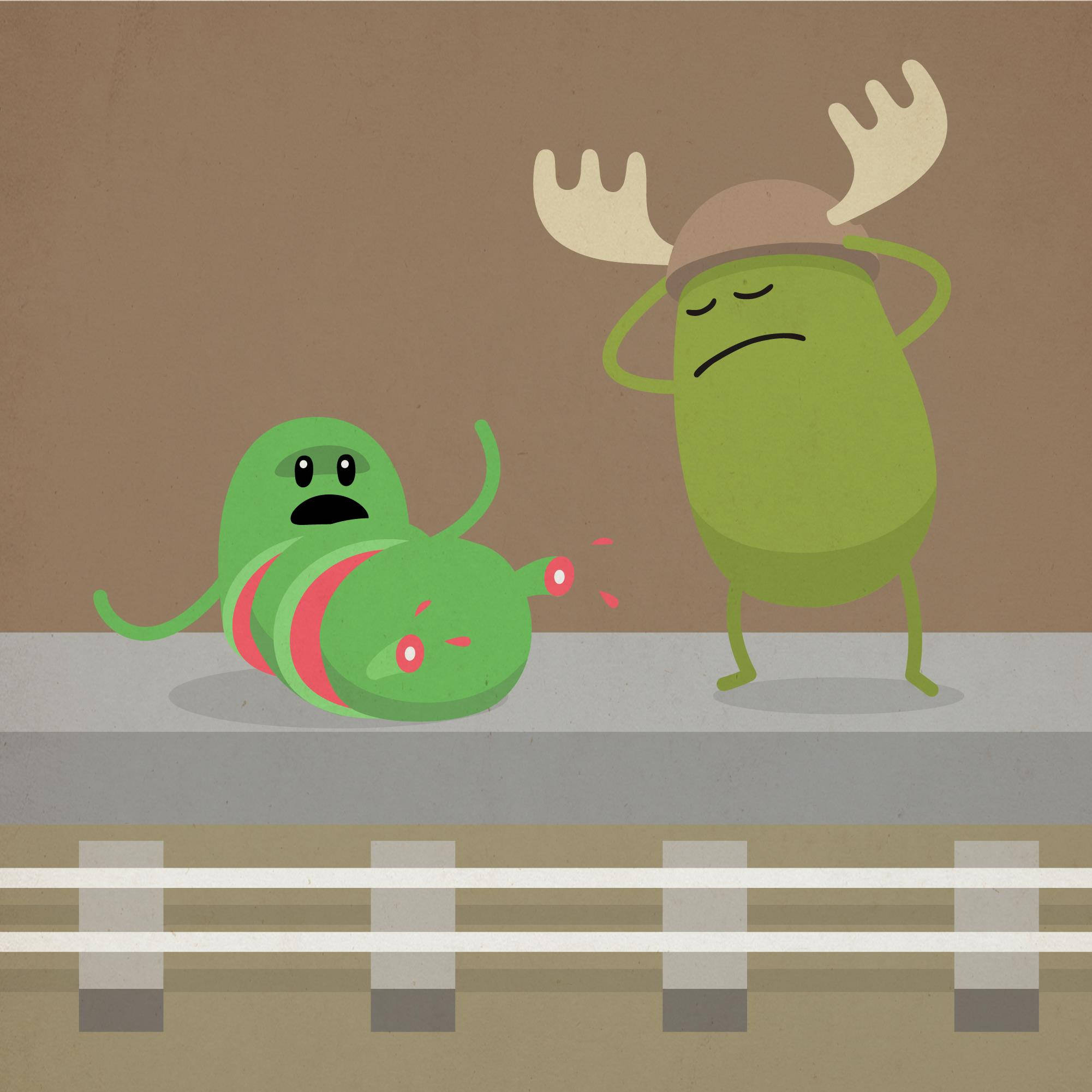Dumb Ways To Die 車站場景 壁紙 — 兩個綠色卡通生物，其中一個有駝鹿角，站在火車軌道上一個倒下的生物之上。