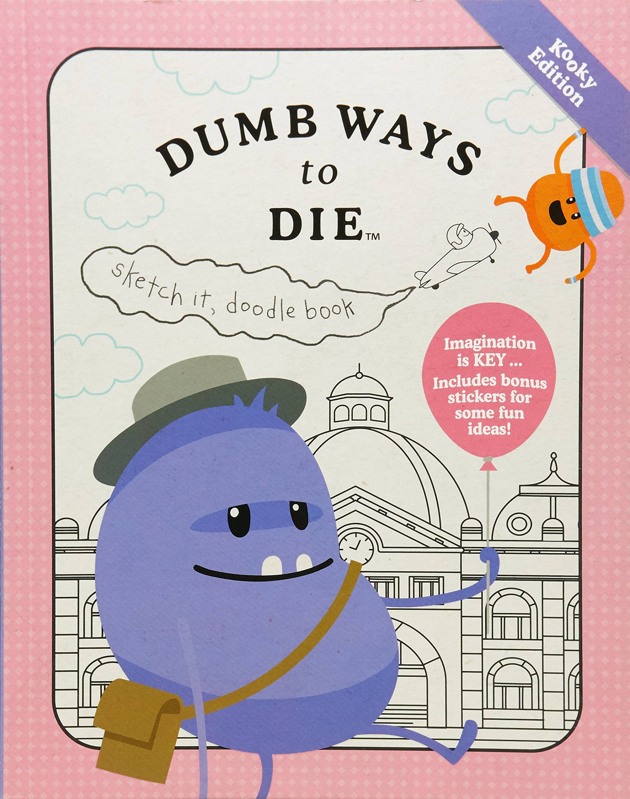 Dumb Ways To Die 草稿本 壁紙 — 一個戴帽子和拎著袋的快樂藍色卡通角色，在有趣的塗鴉書封面上走過建築物輪廓。