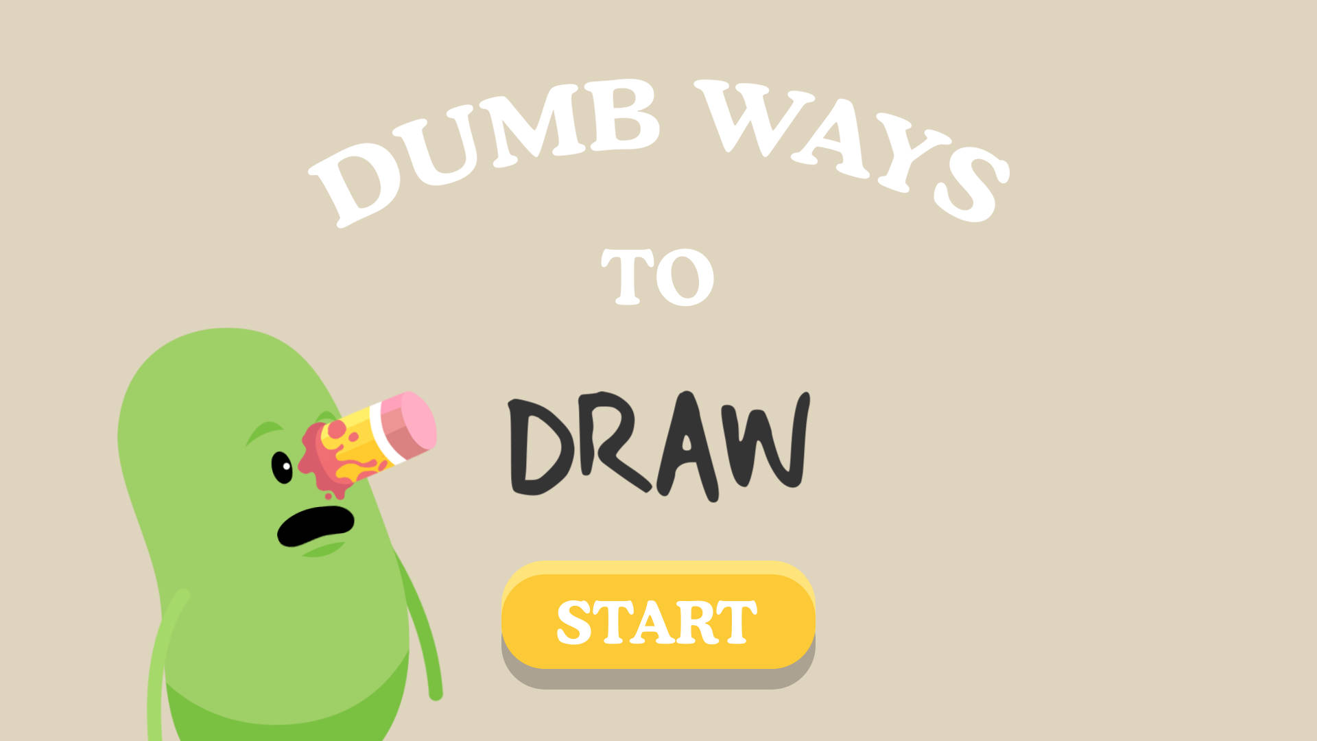 Dumb Ways To Die 繪畫遊戲版 壁紙 — 一個綠色卡通角色，以一片薄餅作為鼻子，站在粗體文字「DUMB WAYS TO DRAW」和一個黃色「START」按鈕旁邊。