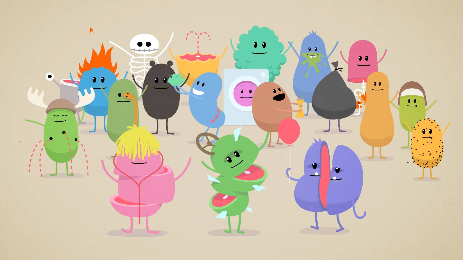 Dumb Ways to Die 角色群像 壁紙 — 一群色彩繽紛、設計古怪、姿勢俏皮的卡通人物歡快地聚集在一起。