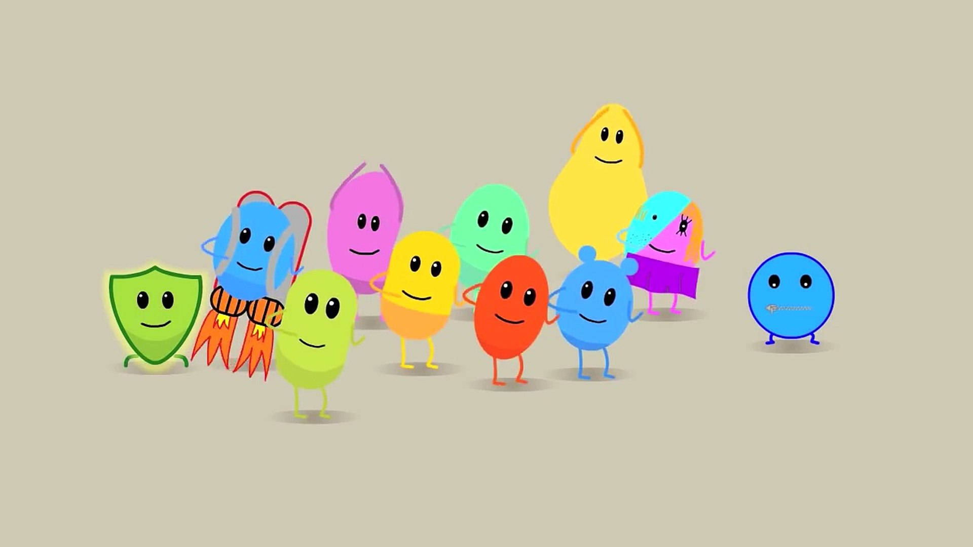 Dumb Ways To Die 網路安全另類版 壁紙 — 一群色彩繽紛、笑臉簡單、形狀各異的卡通人物，開心地站在純米色背景上。