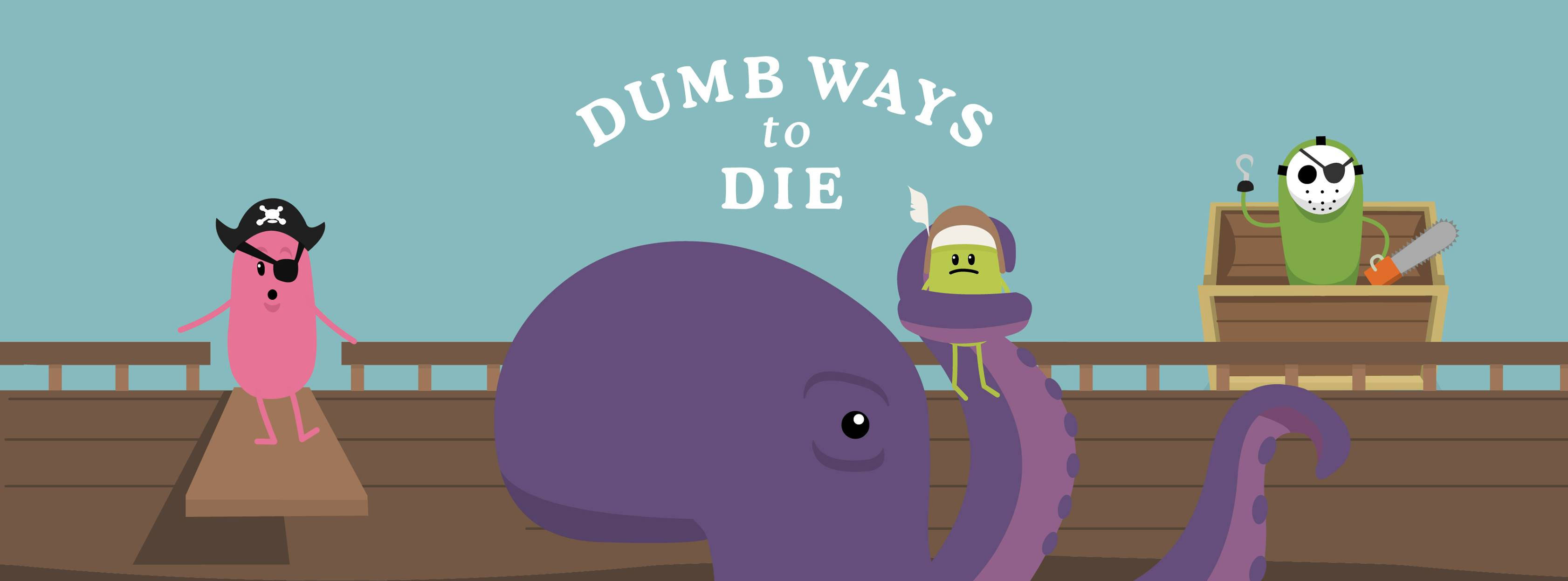 Dumb Ways To Die 海中冒險 壁紙 — 卡通角色在船甲板上，有一隻巨大的紫色八爪魚，文字寫著「dumb ways to die」。