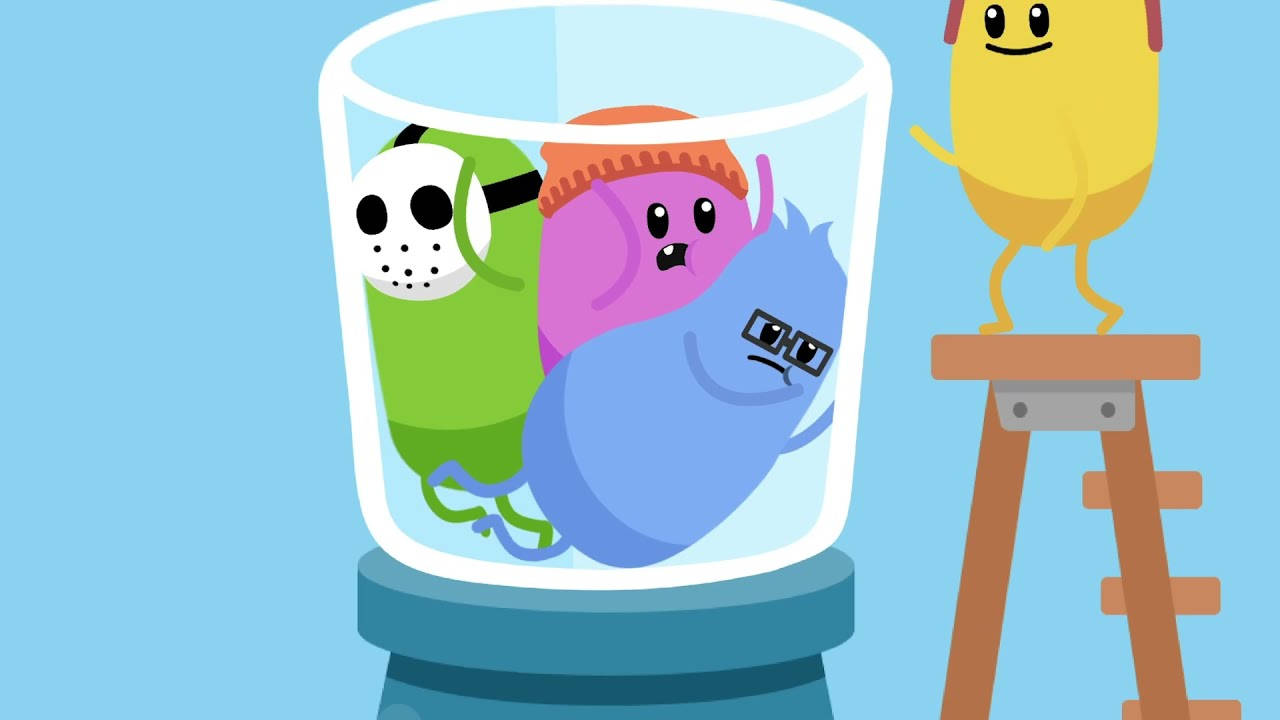 Dumb Ways To Die 瞬間 壁紙 — 三個卡通角色被困在玻璃罐中，而一個黃色角色站在附近的凳子上。