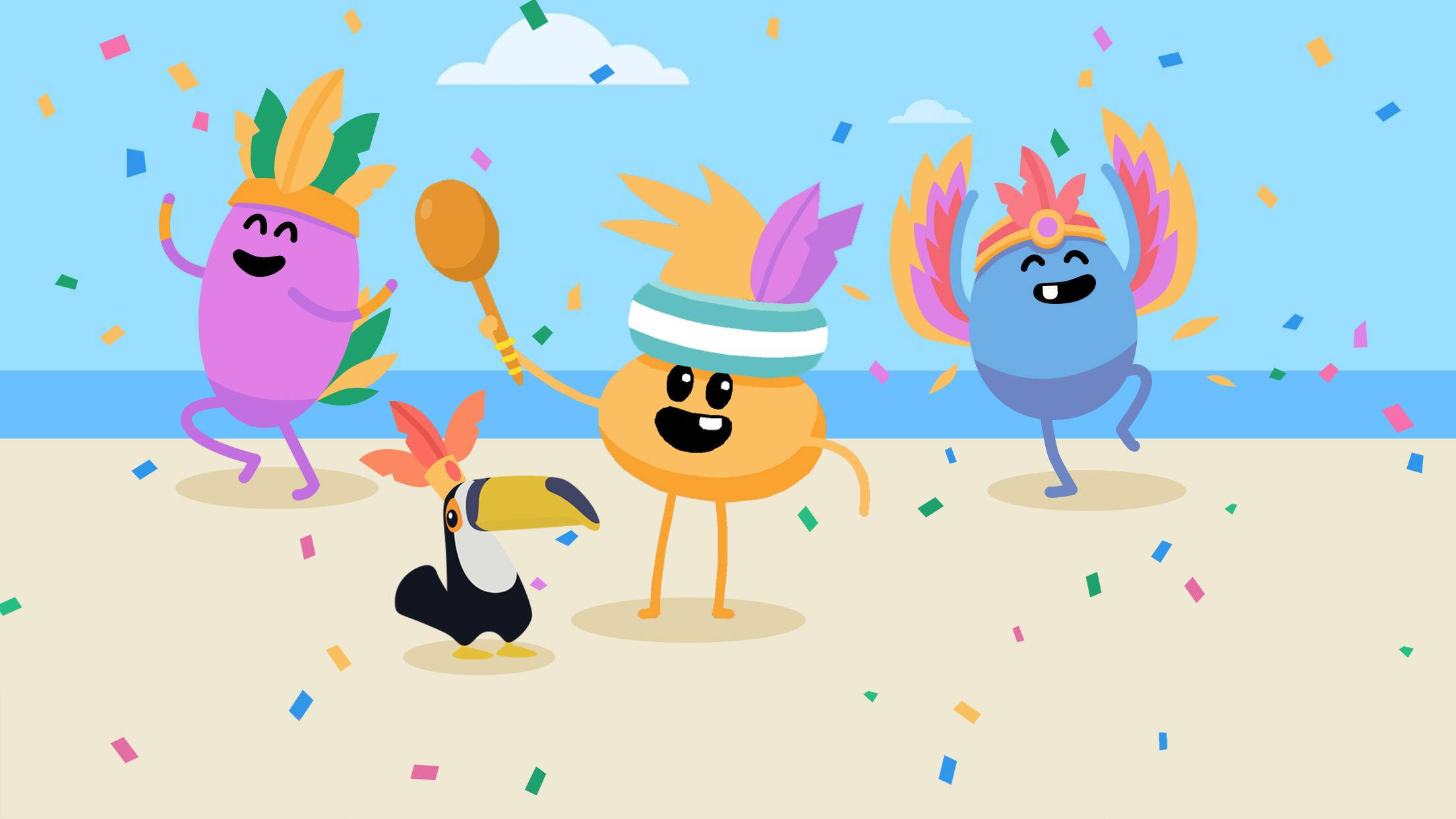 Dumb Ways To Die 2 庆祝活動 壁紙 — 三個色彩繽紛的卡通角色和一隻巨嘴鳥在藍天下、沙灘上歡快地跳舞，五彩紙屑飄落。