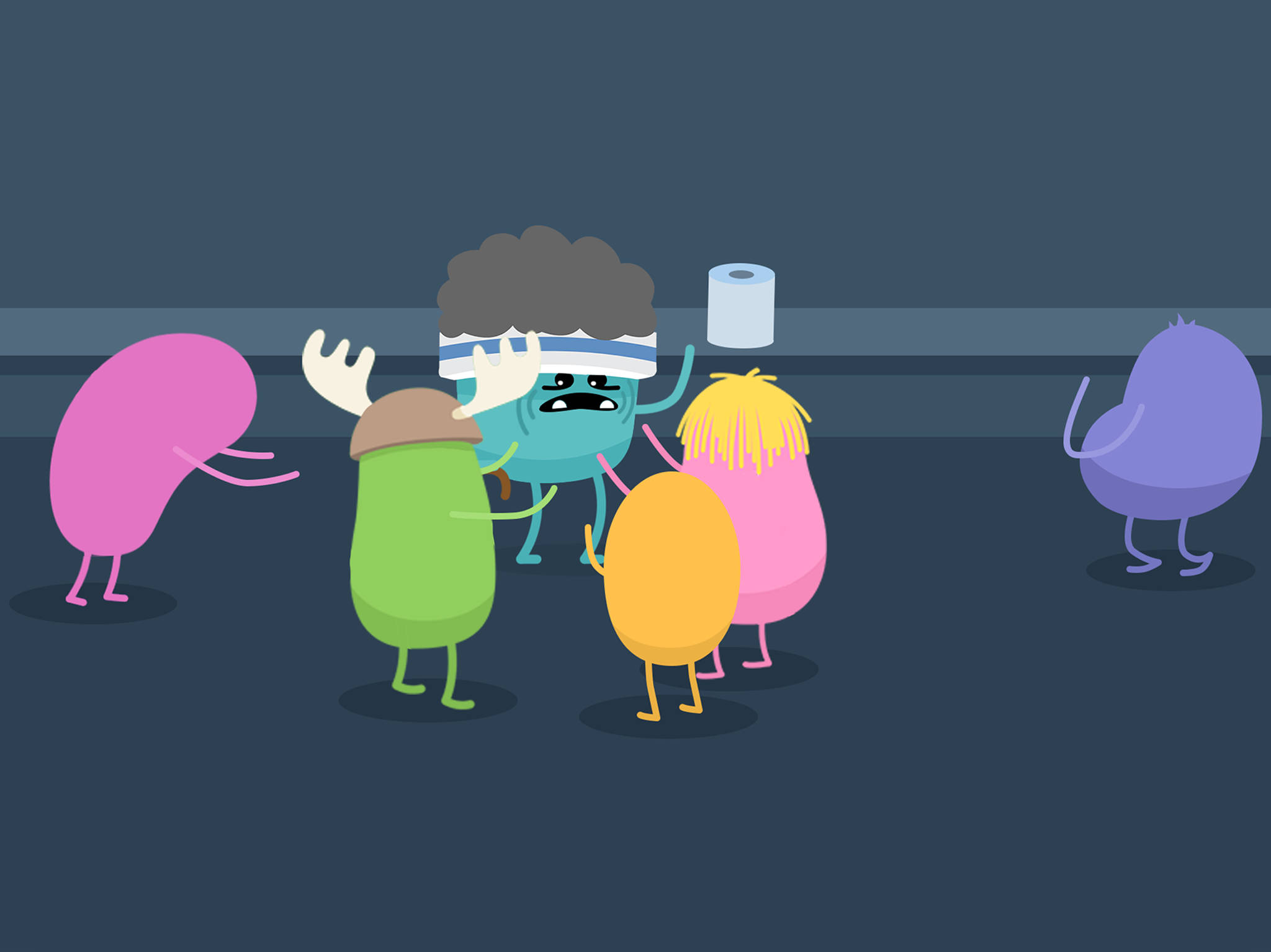 Dumb Ways To Die 馬桶場景 壁紙 — 色彩繽紛的卡通角色聚集在一個頭部纏著繃帶、頂端放著廁紙的藍色角色周圍。