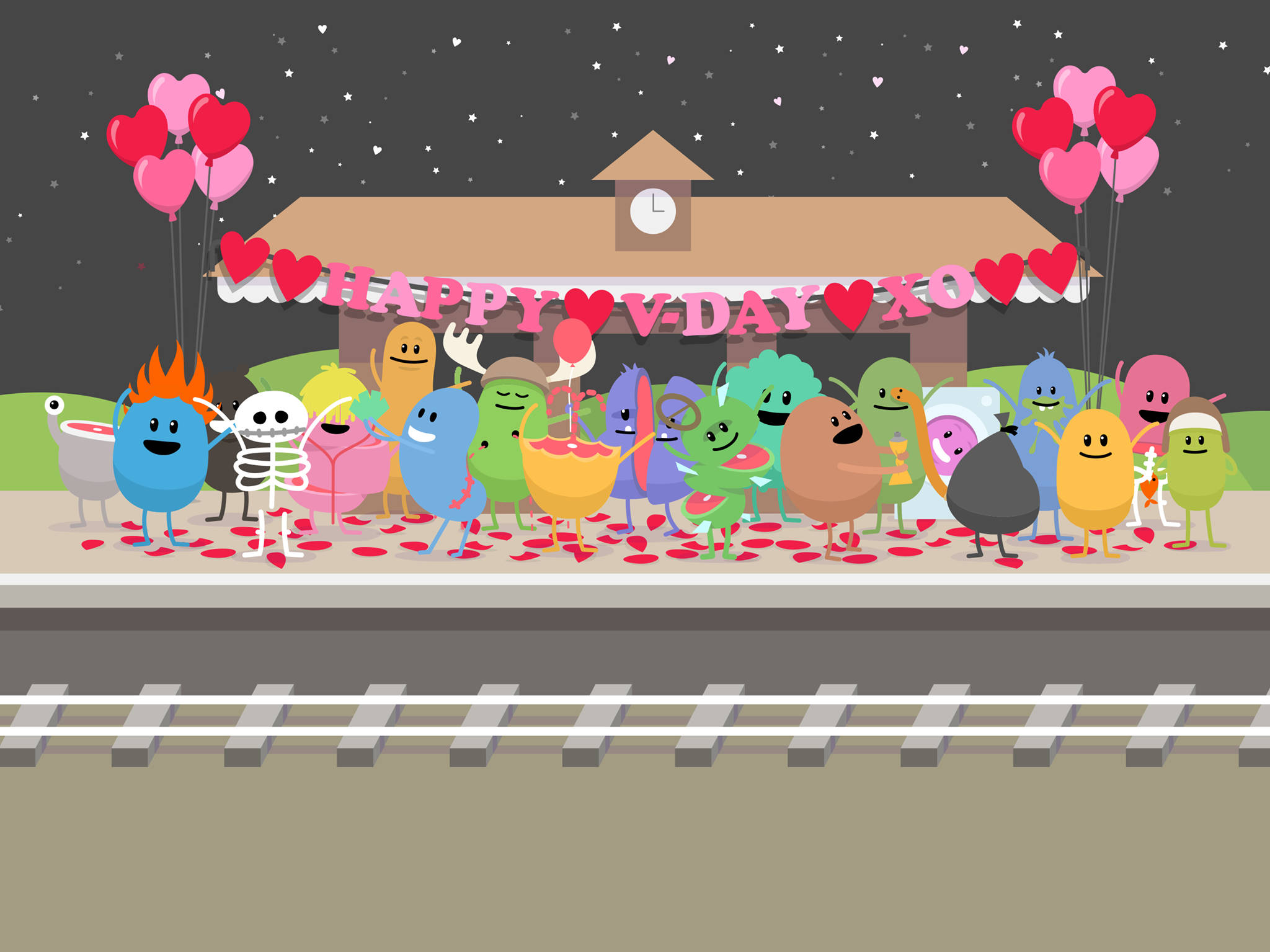 Dumb Ways To Die 情人節特別版 壁紙 — 色彩繽紛的卡通人物在星空下的火車月台上，用愛心氣球和五彩紙屑慶祝情人節。
