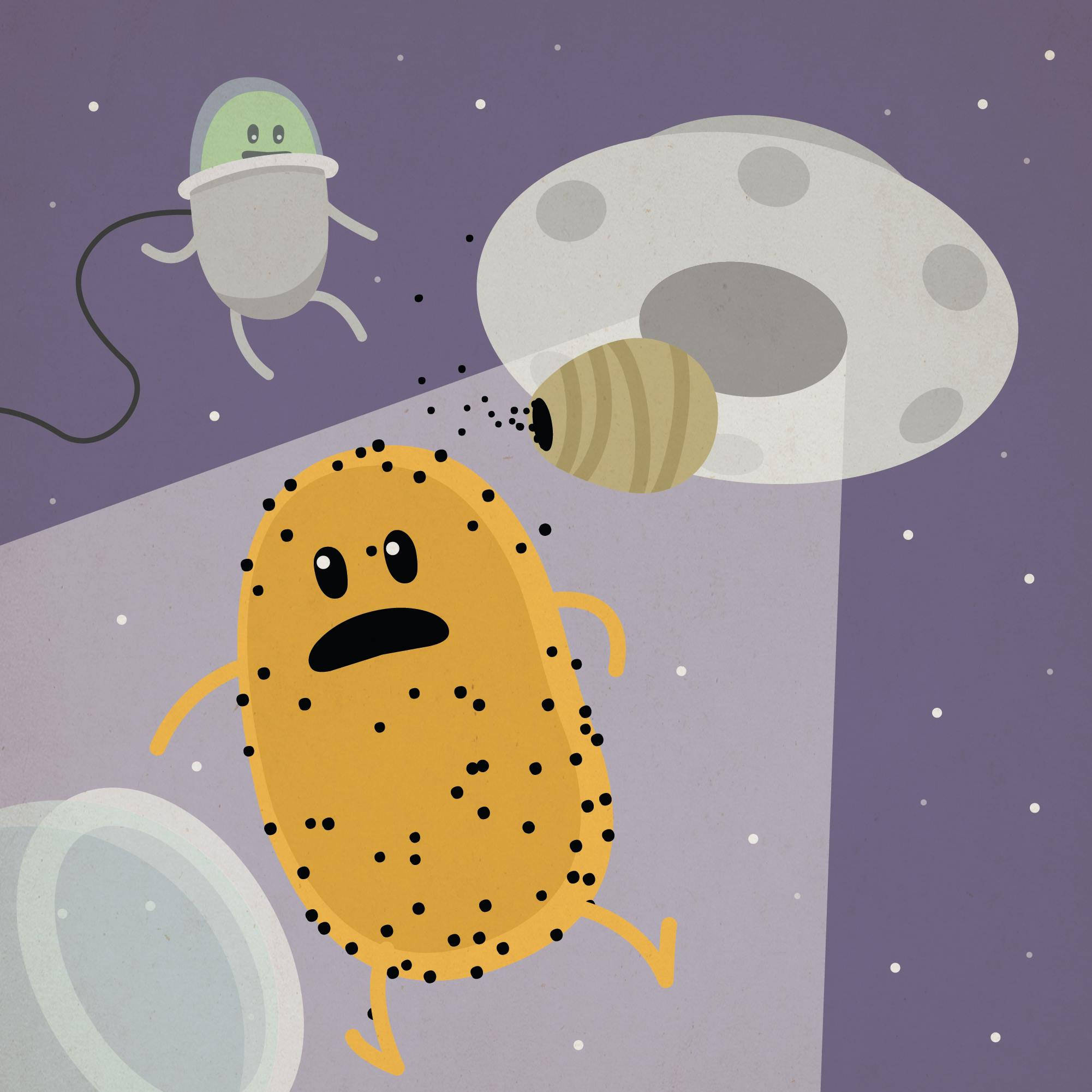 Dumb Ways To Die 蜜蜂遇險場景 壁紙 — 一個黃色圓點角色帶着驚訝的表情漂浮在太空，靠近一個UFO和一個小太空人。