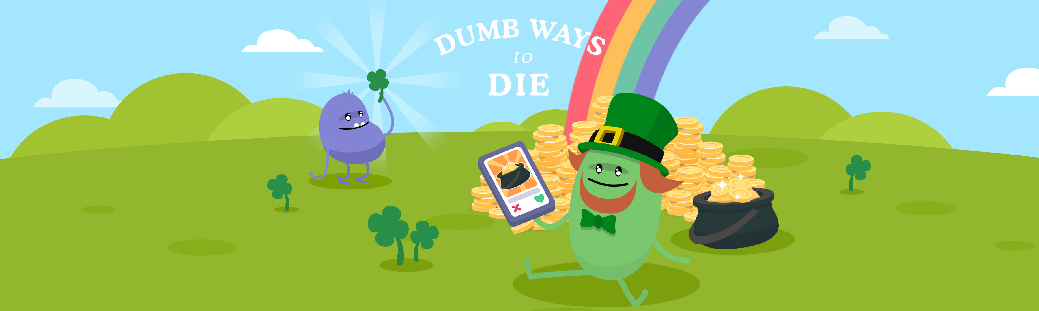 Dumb Ways To Die Putz 版 壁紙 — 卡通小妖精在綠色田野中彩虹下的金鍋旁邊拿著電話，旁邊有一個紫色斑點角色。