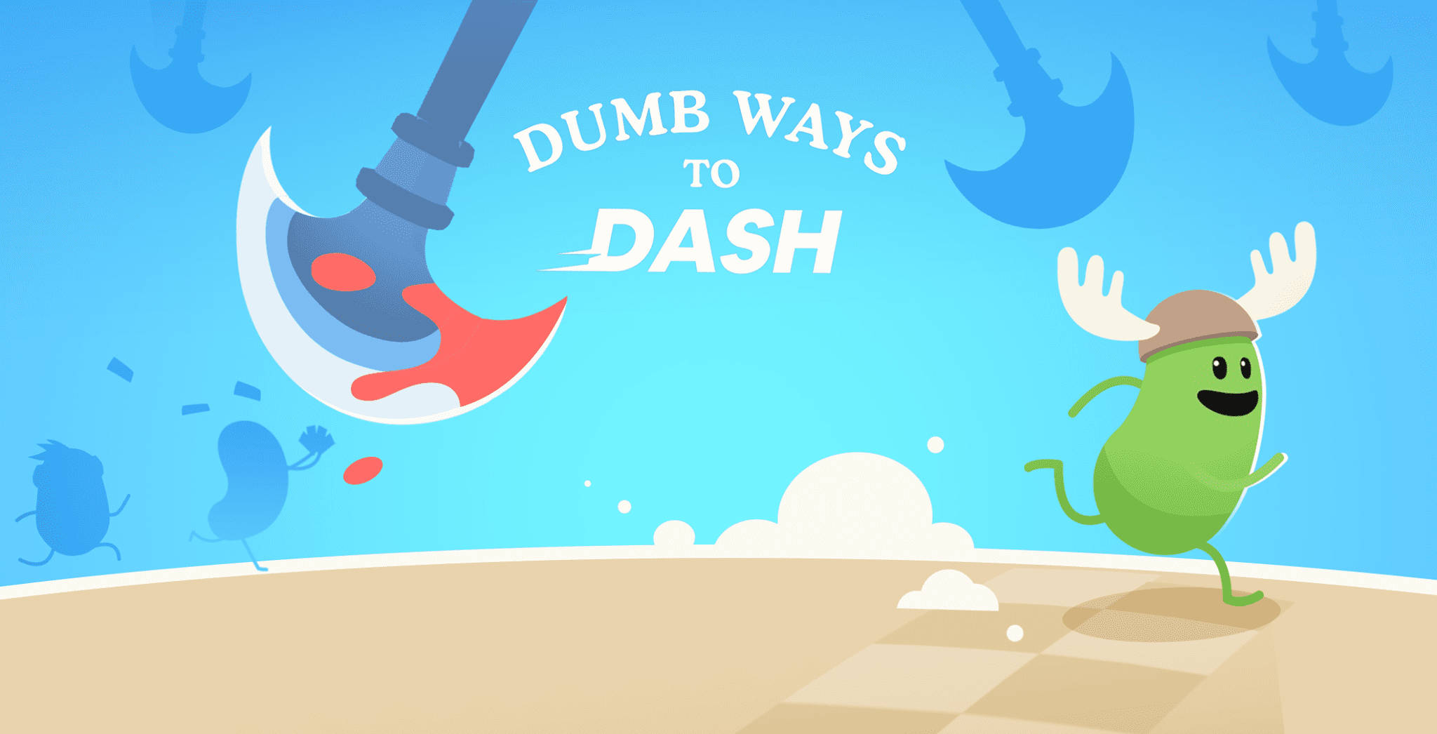 Dumb Ways To Die 跑酷遊戲版 壁紙 — 一顆綠色卡通豆子長著麋鹿角，在明亮的藍天下歡快地奔跑，一把巨大的斧頭在頭頂揮舞。
