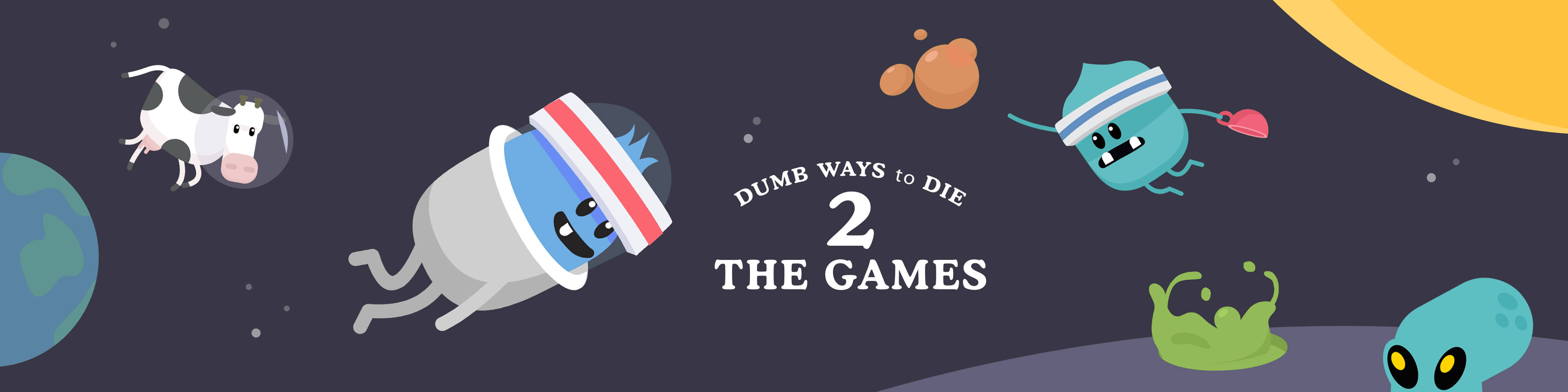 Dumb Ways To Die 太空冒險 壁紙 — 卡通角色在太空漂浮，靠近行星和發光的月亮，標題為 Dumb Ways to Die 2 The Games。