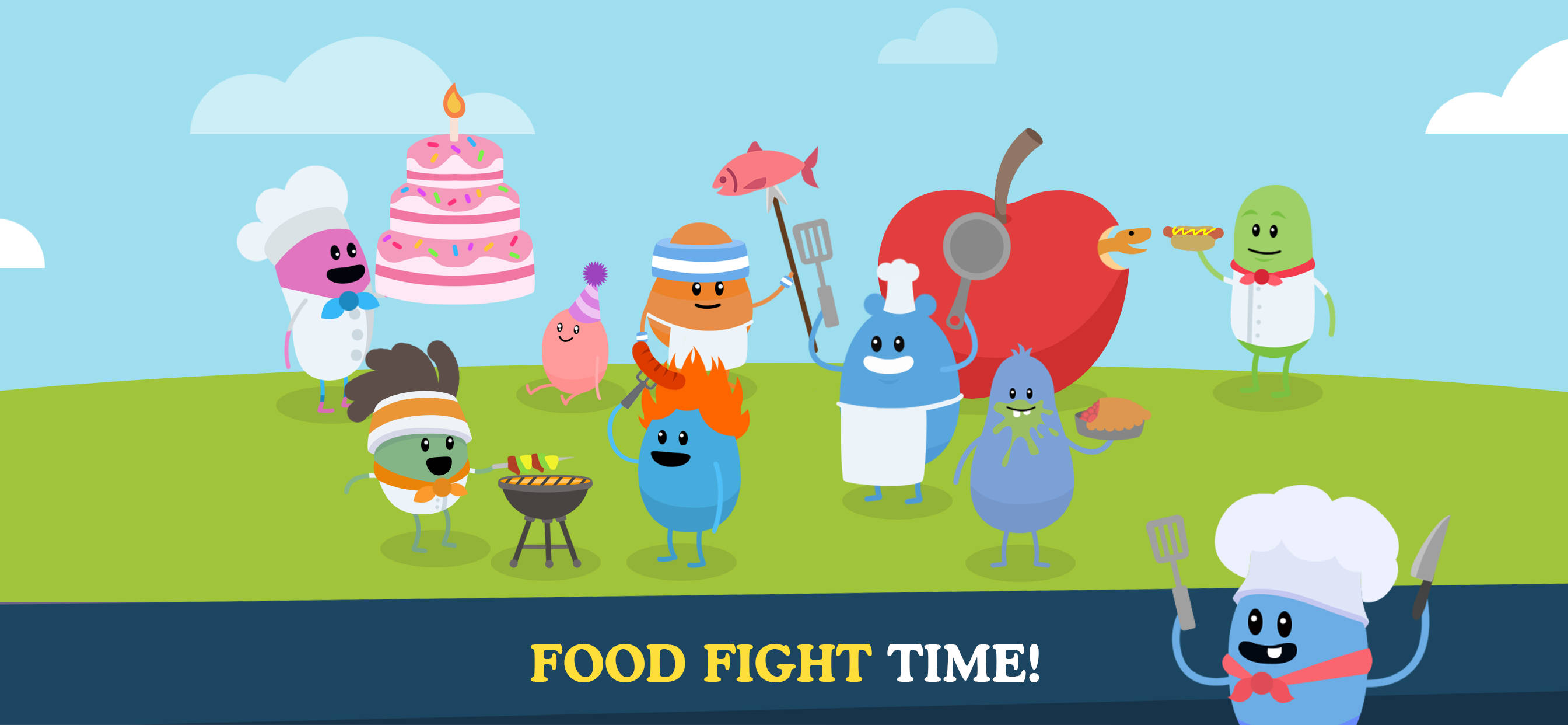 Dumb Ways To Die 食物版 壁紙 — 卡通食物角色在明亮的天空下用蛋糕、烤架和蘋果道具慶祝一場歡樂的食物大戰。