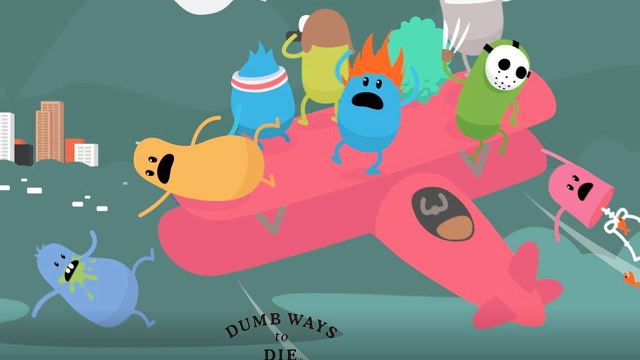 Dumb Ways To Die 在飛機上 壁紙 — 卡通人物乘坐粉紅色飛機飛越城市景觀，表情誇張，充滿混亂的能量。