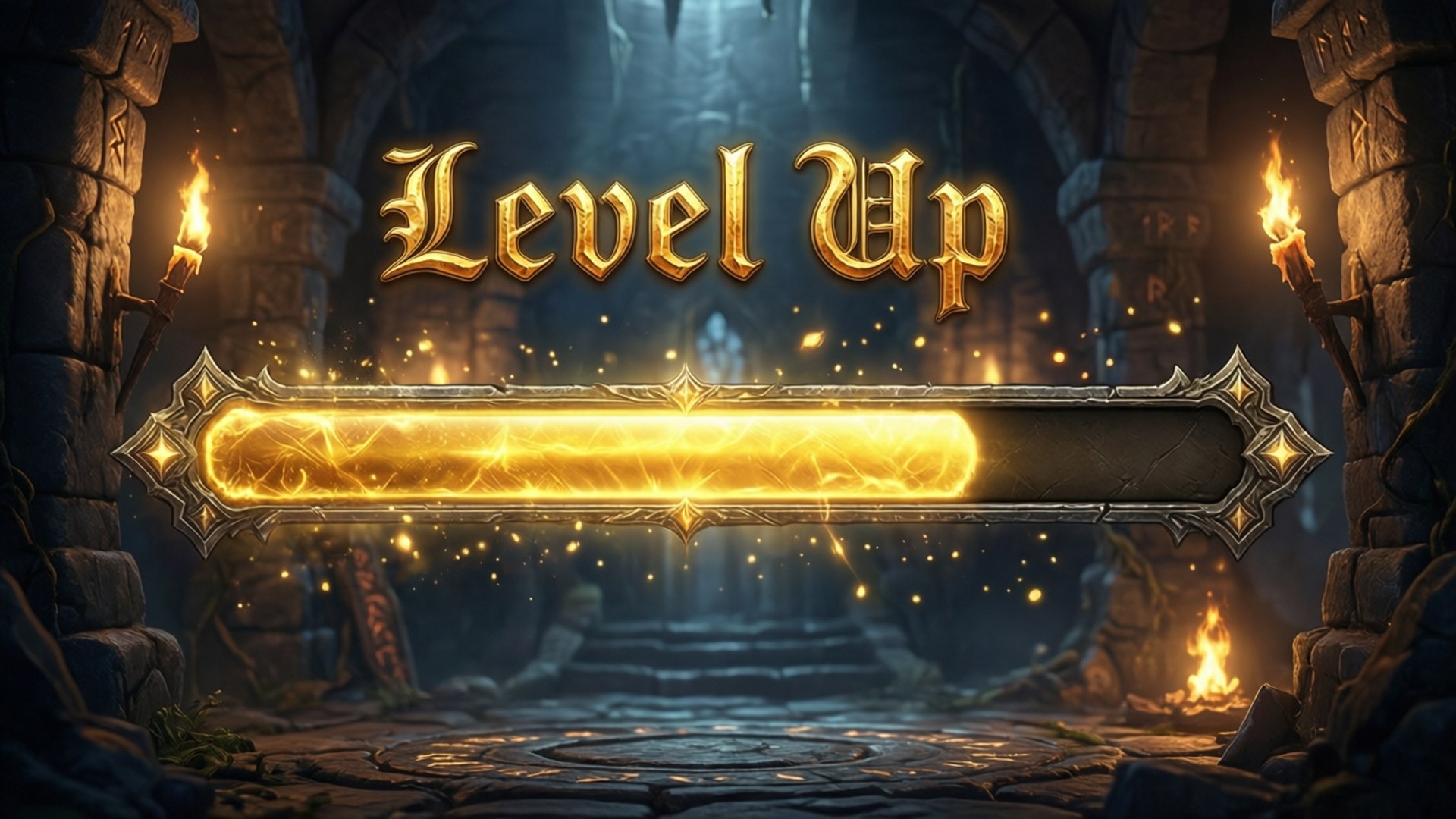 黑暗石地牢中嘅Level Up遊戲畫面，有發光金色進度條同火把。