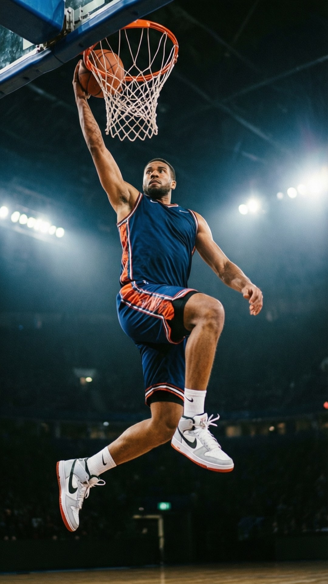Dunk in Action 壁紙 — 一名身穿藍色和橙色球衣的籃球運動員在場館燈光下強力灌籃。
