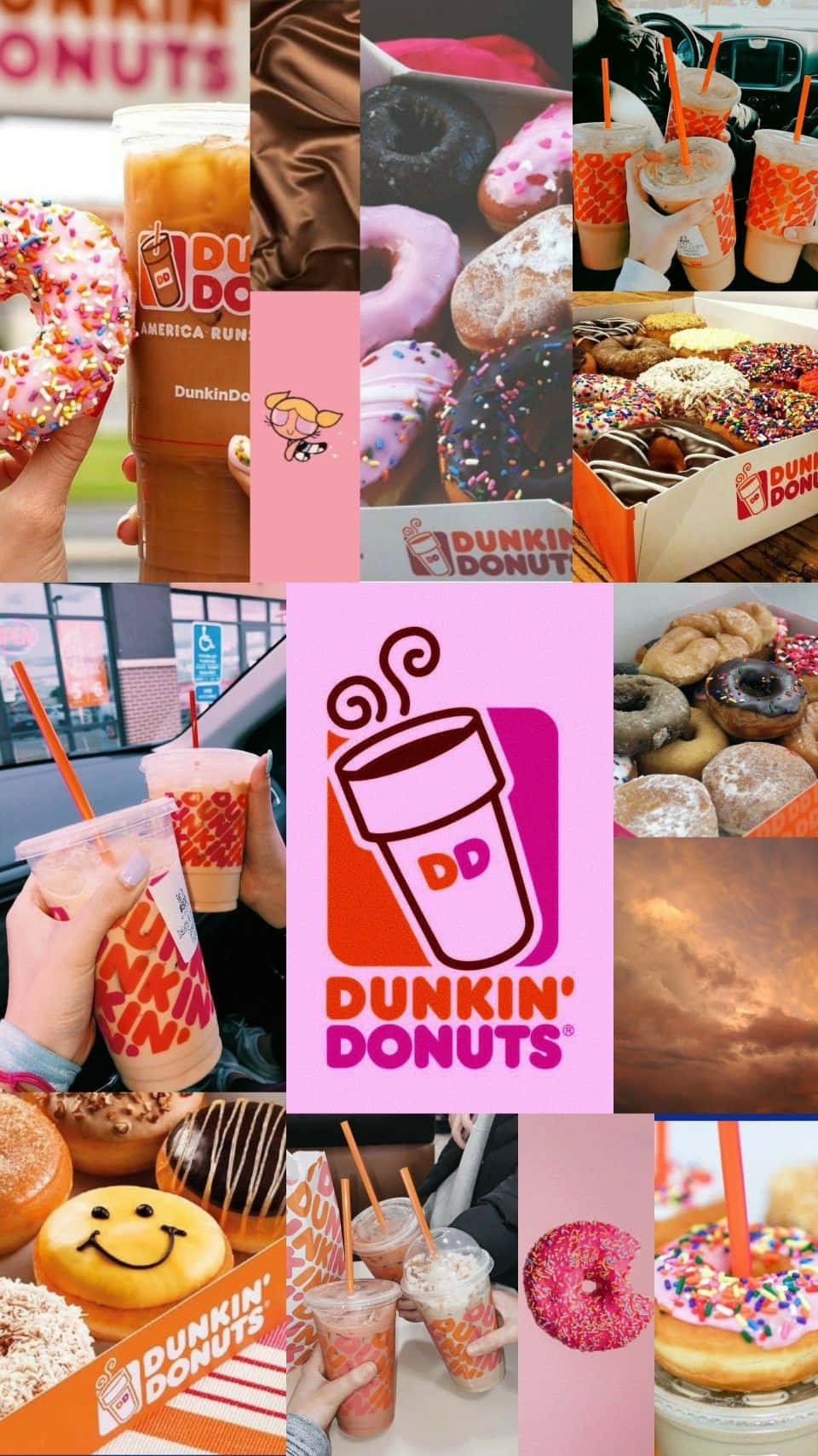 隨時享受 Dunkin' Donuts！ 壁紙 — 一個充滿活力的拼貼畫，展示Dunkin' Donuts的美食，包括色彩繽紛的甜甜圈、飲品和標誌，背景為粉紅色。