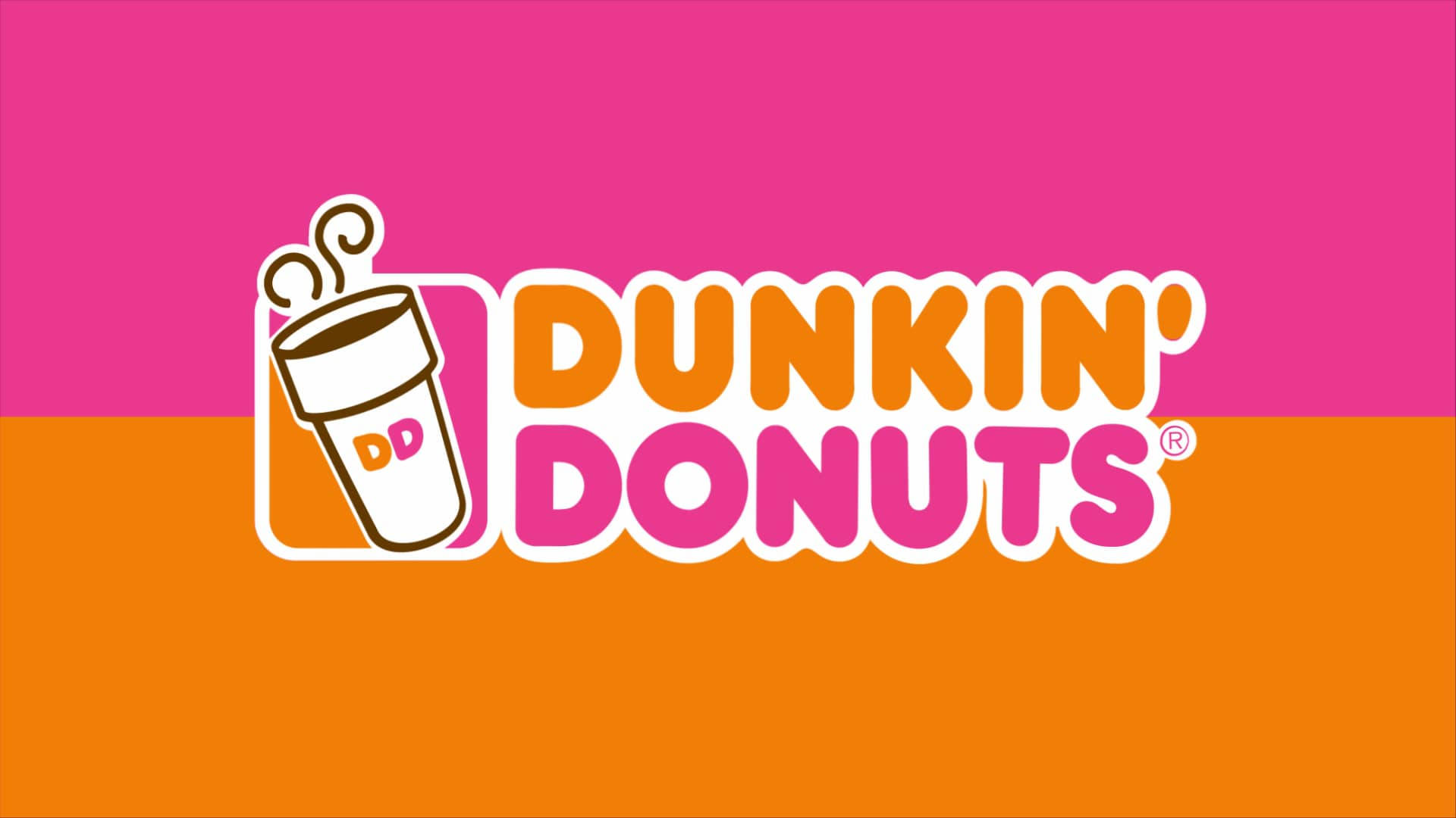 Dunkin' Donuts 原始標誌 壁紙 — 粉紅色和橙色背景上帶有咖啡杯圖標的Dunkin' Donuts標誌。