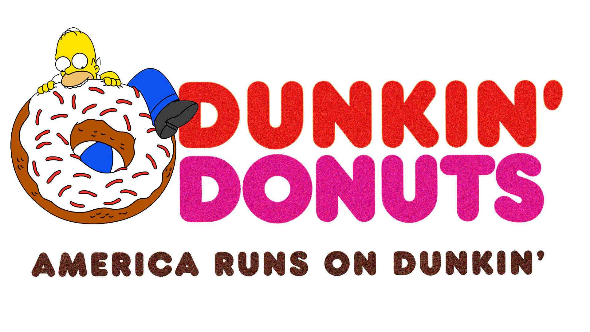 Dunkin' Donuts X 漢莫爾·辛普森 壁紙 — 荷馬·辛普森從一個巨大的彩糖甜甜圈後面窺視，旁邊是醒目的紅色和粉紅色Dunkin' Donuts品牌標識。
