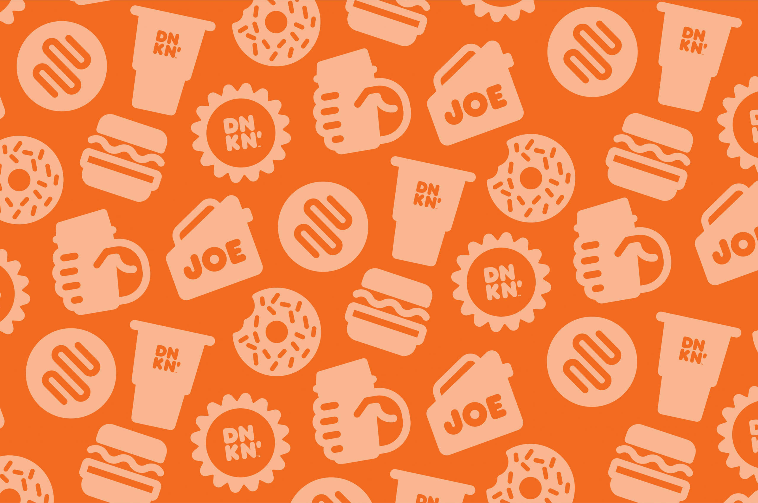 Dunkin' Donuts 箱裝咖啡 壁紙 — 充滿活力的橙色背景，重複著 Dunkin' Donuts 的淺橙色甜甜圈、咖啡杯和漢堡圖標。