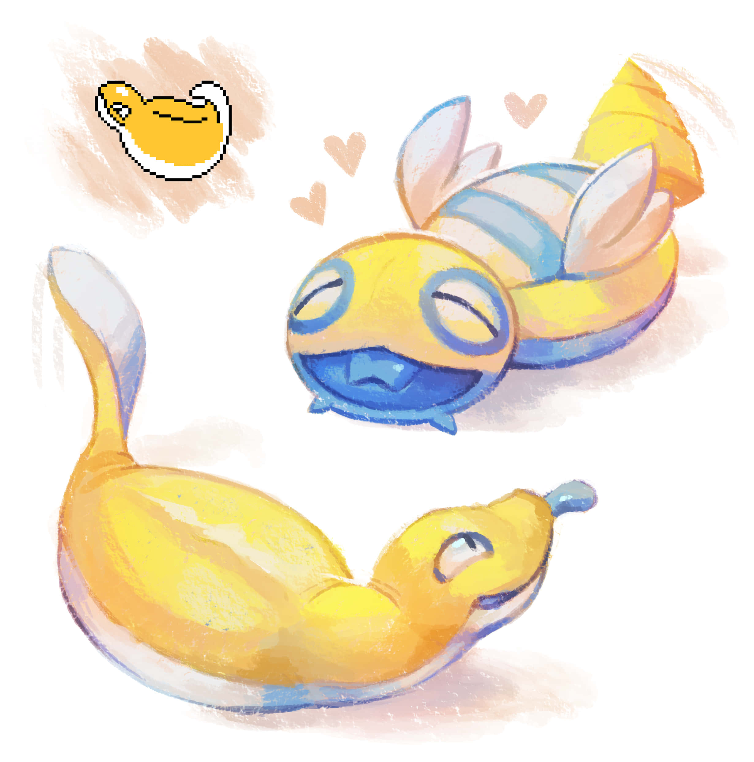 黃色蛇形 Dunsparce 藝術 壁紙 — 兩隻可愛的黃色和藍色卡通生物在柔和的水彩風格中平靜地休息，心形在它們上方飄浮。