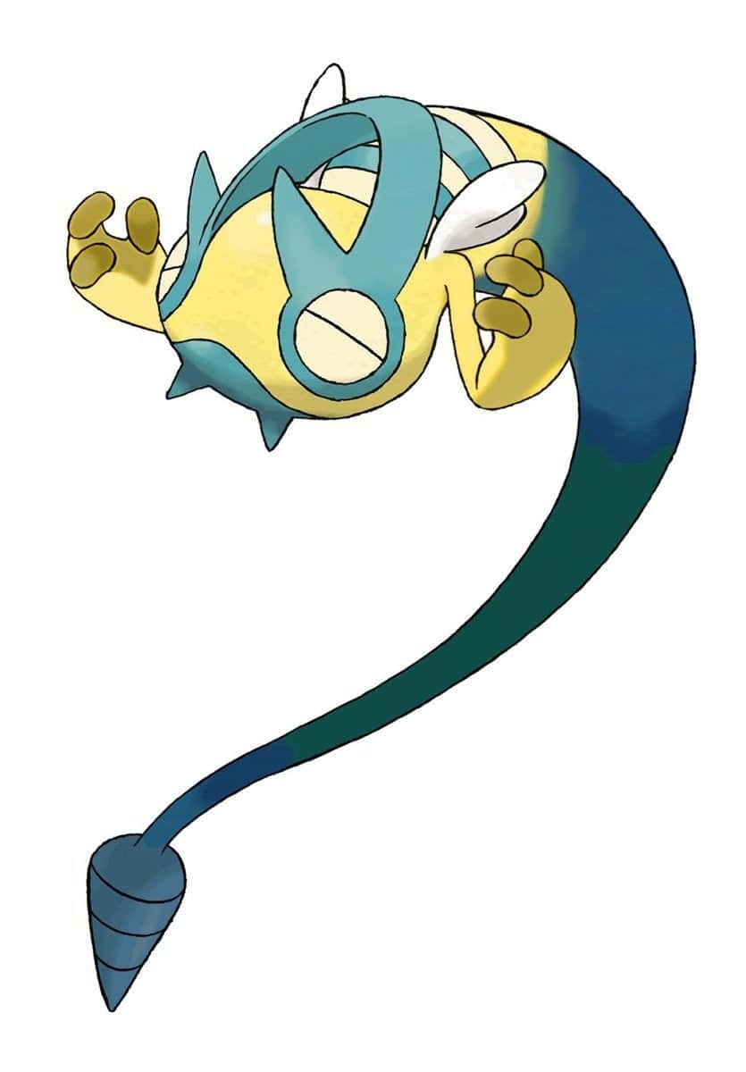 「Dunsparce - 地面蛇寶可夢，超高畫質」 壁紙 — 一隻風格化的藍黃色龍型寶可夢，長長的尾巴在純白背景上優雅地蜷曲。
