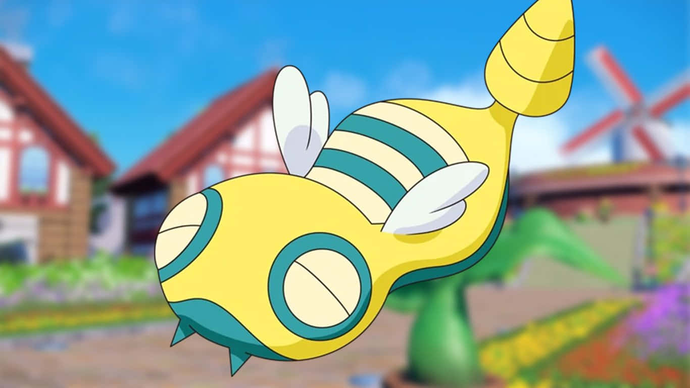 Dunsparce 背景房屋 壁紙 — 一隻黃色同青綠色條紋嘅蜜蜂狀小精靈喺紅色屋頂同風車嘅村莊前面開心地飛緊。