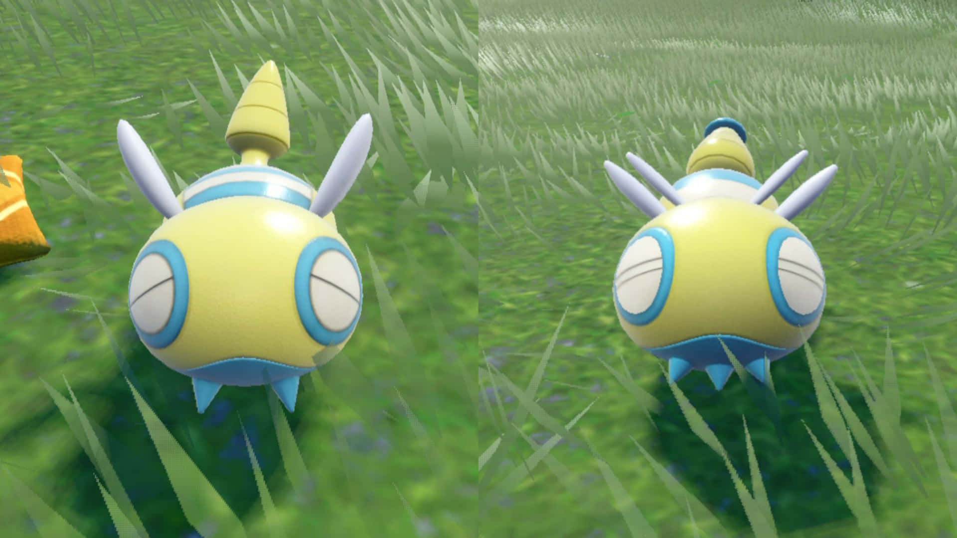 Dunsparce 與 Dudunsparce 壁紙 — 兩隻黃色和藍色、頭上有角狀觸角嘅寵物小精靈並排坐喺一片充滿活力嘅綠色草地上。