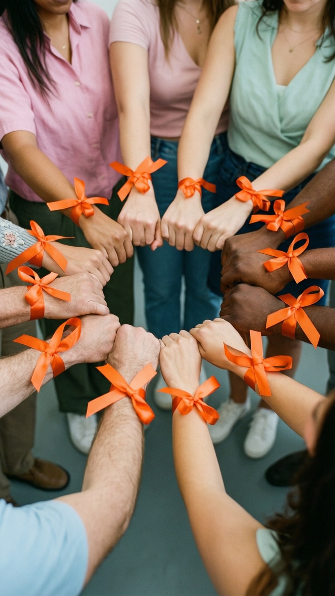Multiple Sclerosis 桌布 壁紙 — 多樣化的手在一個圓圈中結合，帶有明亮的橙色絲帶，象徵團結和團結一致。