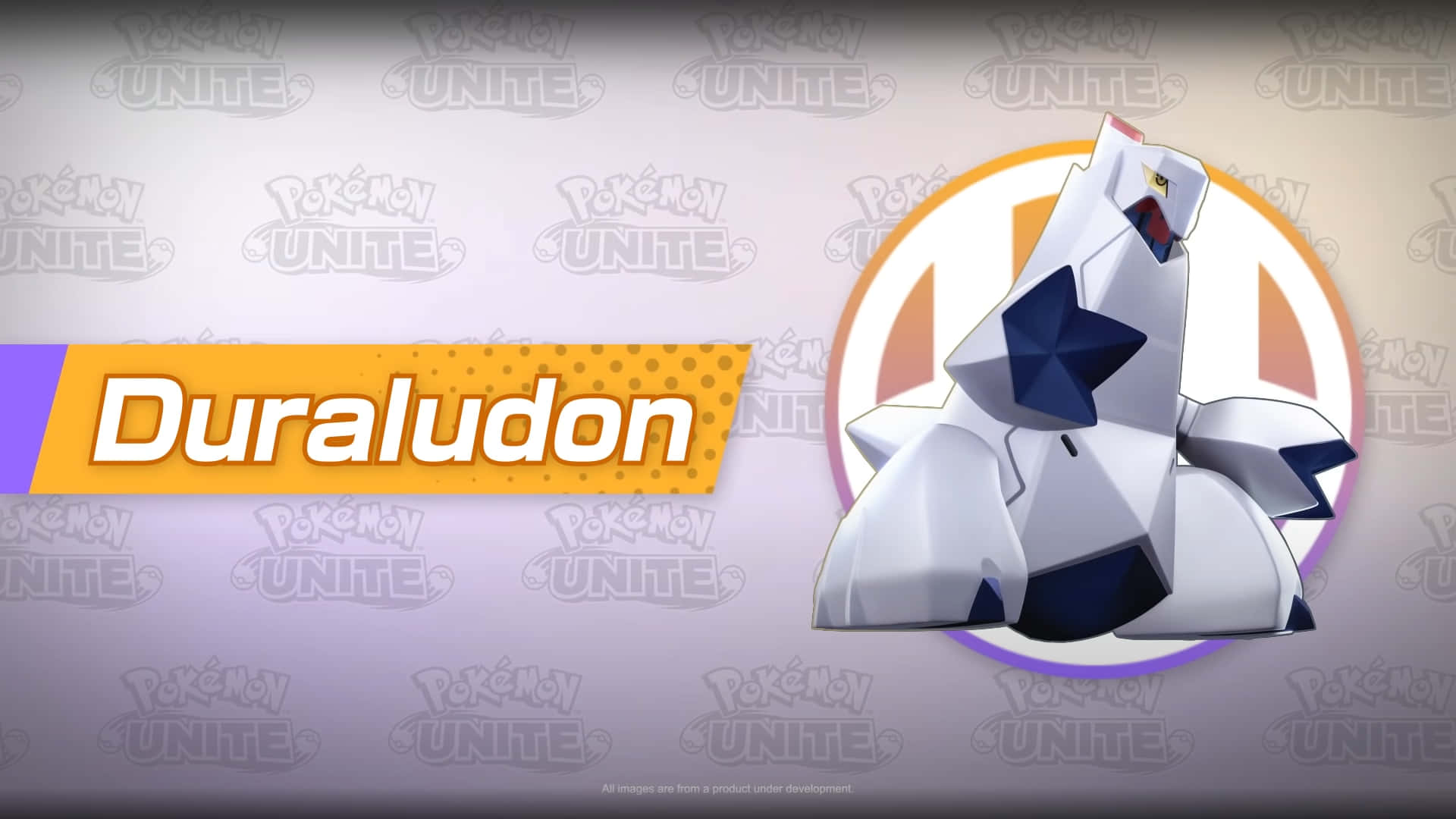 Duraludon 出現在寶可夢 UNITE 壁紙 — 一個風格化的Duraludon寶可夢角色，身穿白色和藍色的幾何裝甲，站在遊戲宣傳圖中。