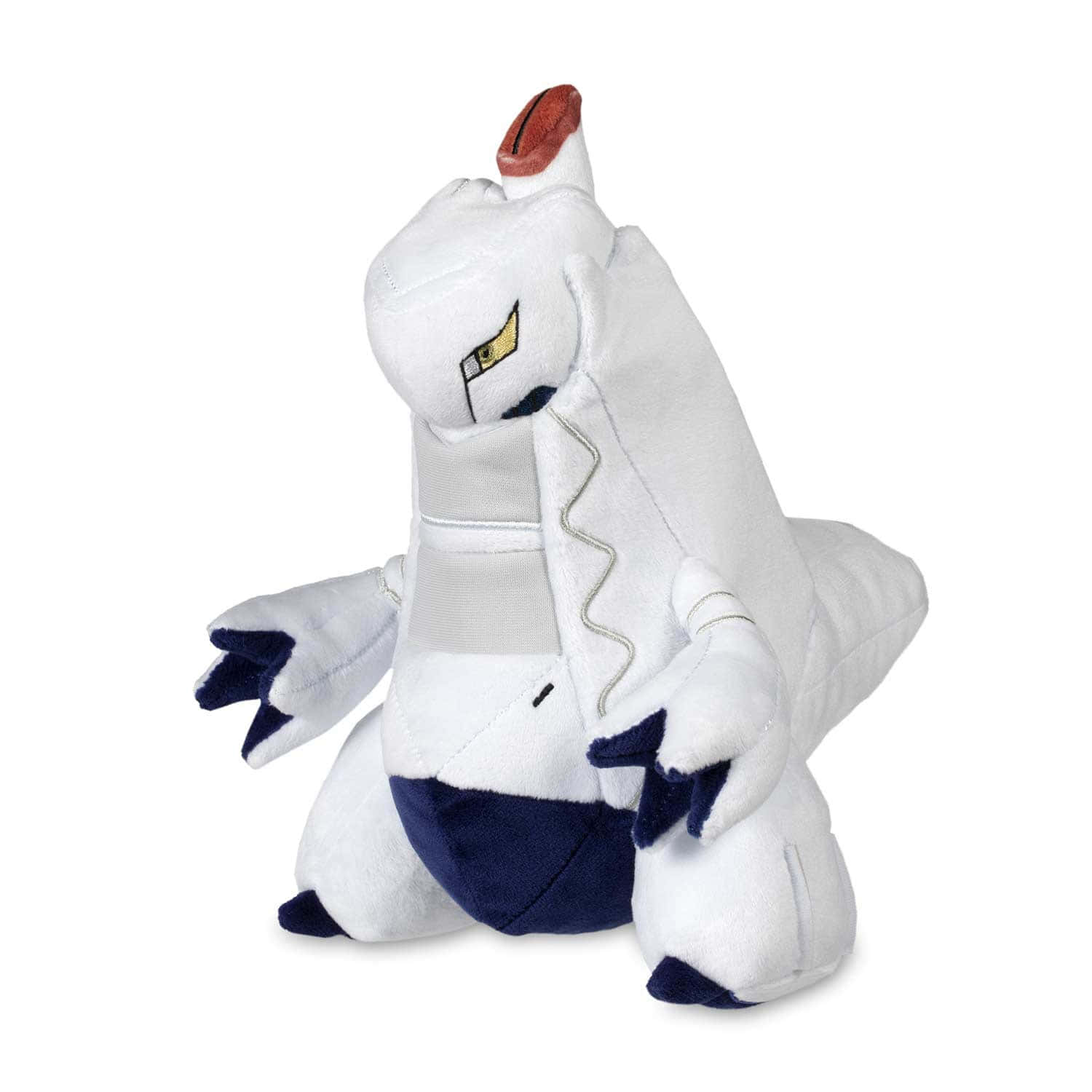 Duraludon 毛絨玩具 壁紙 — 一隻帶有海軍藍色點綴和紅色角的白色 Pokémon 烈咬陸鯊毛絨玩具，放在純白色背景前。