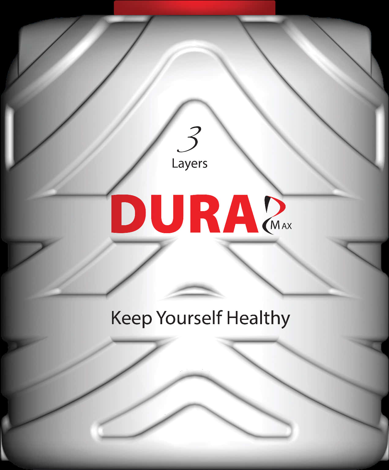 DuraMax 三層水箱廣告 壁紙 — 一個白色塑膠水箱，帶有紅色品牌標誌和推廣健康及三層保護的文字。