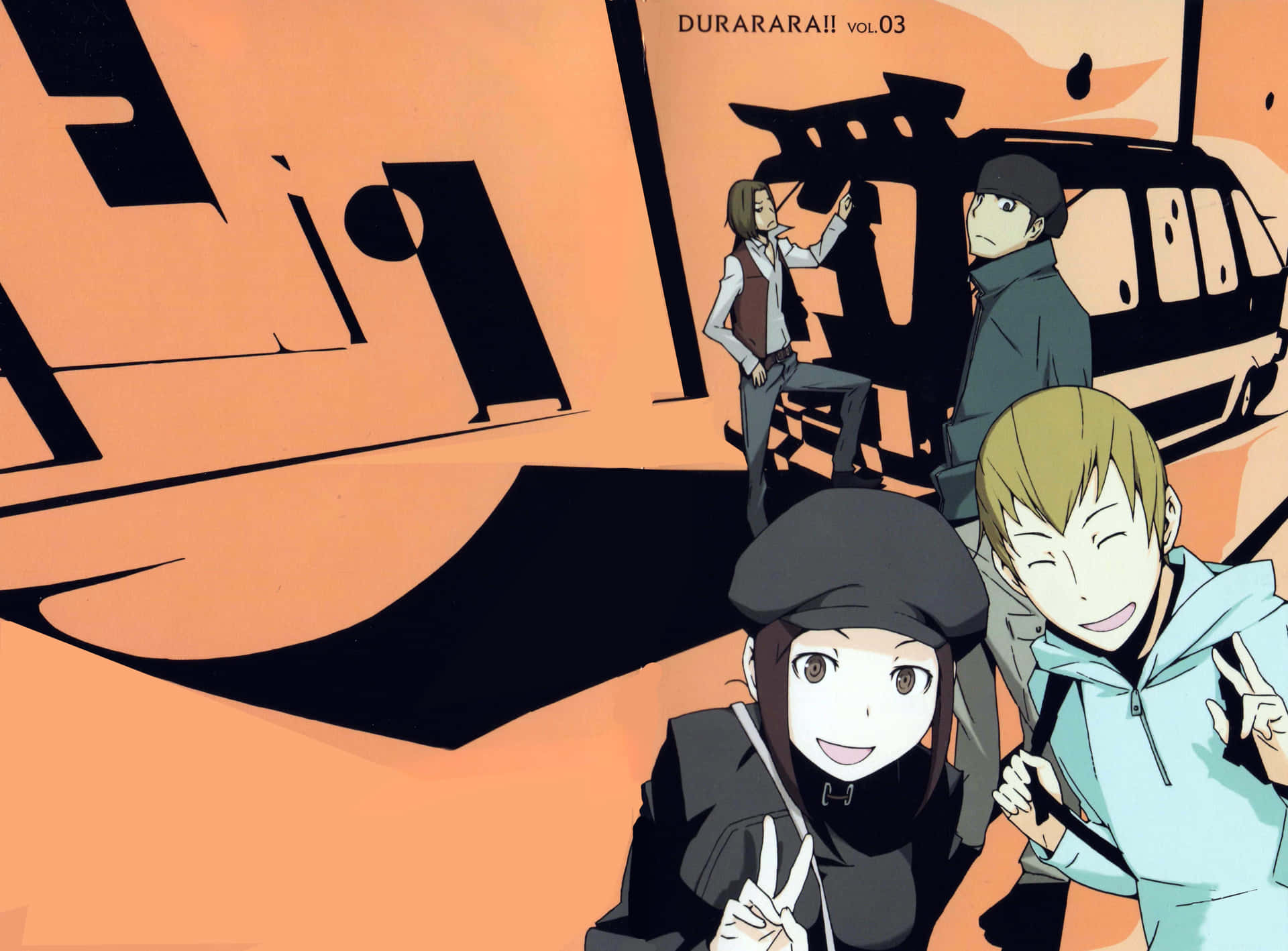 Durarara!! 角色直升機場景 壁紙 — 四個動漫角色在一個風格化的橙色和黑色城市背景前愉快地擺姿勢，背景帶有鮮明的幾何形狀。