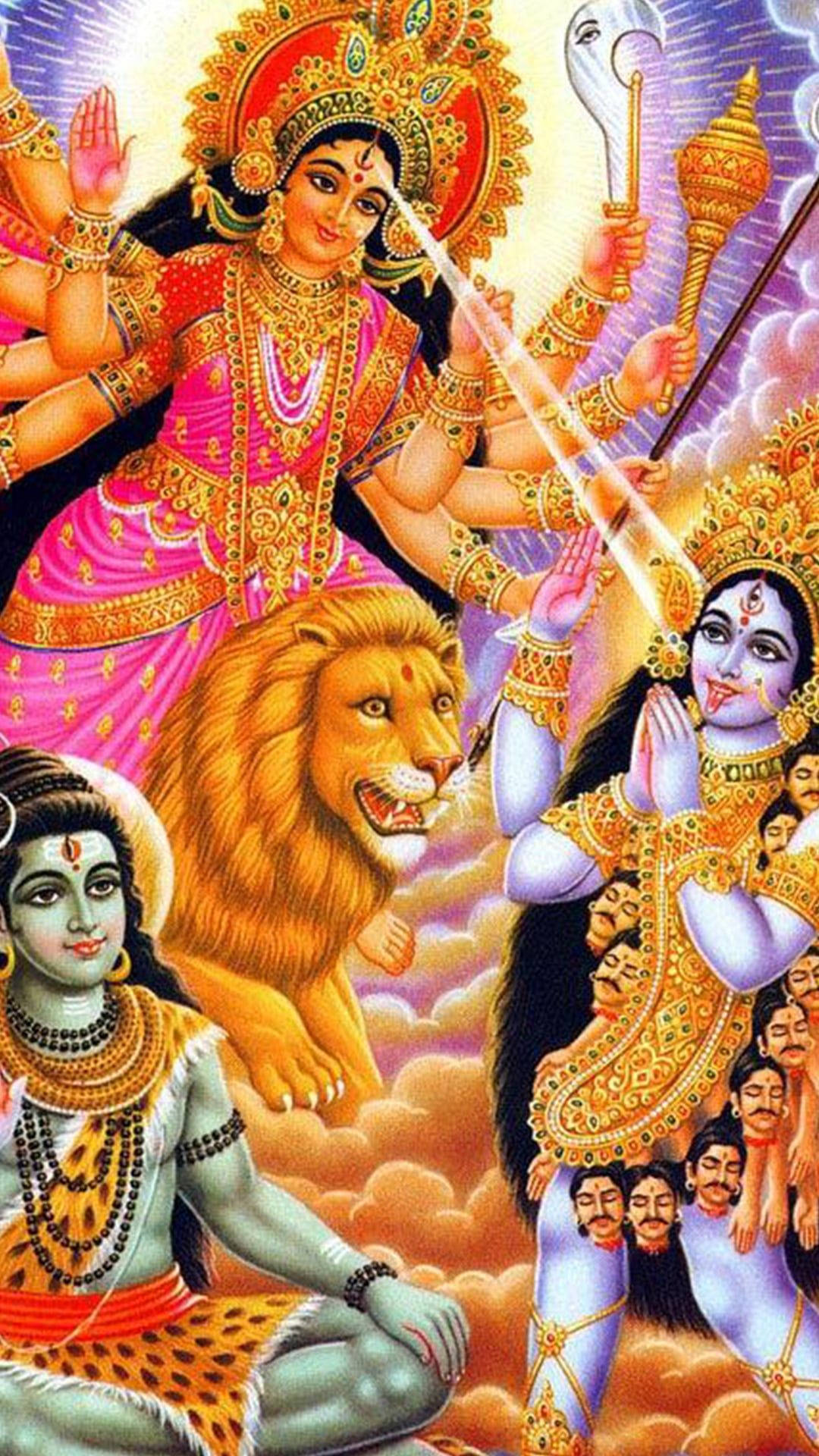 Durga Mata 高清傳授力量 壁紙 — 神聖的印度教女神杜爾迦騎著獅子，在天空雲彩和眾神之間揮舞武器。