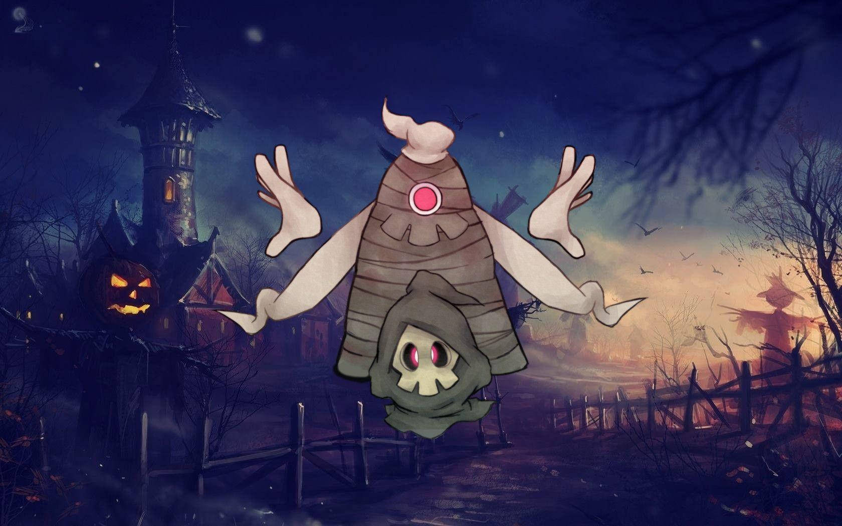 Dusclops 與 Duskull 鬼屋背景 壁紙 — 一個像木乃伊的恐怖生物，眼睛發光，在繁星點點的夜空下漂浮在萬聖節鬼村上空。