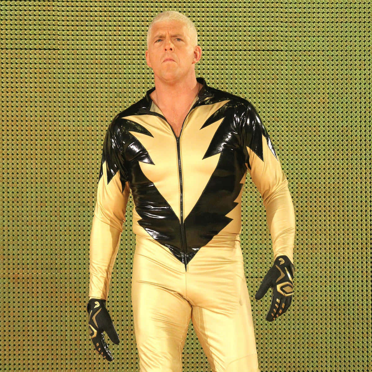 Dustin Rhodes 身著 Goldust 擊裝於 AEW 活動 壁紙 — 一名摔角手穿著閃亮的金色和黑色套裝，自信地站在綠色穿孔牆前。
