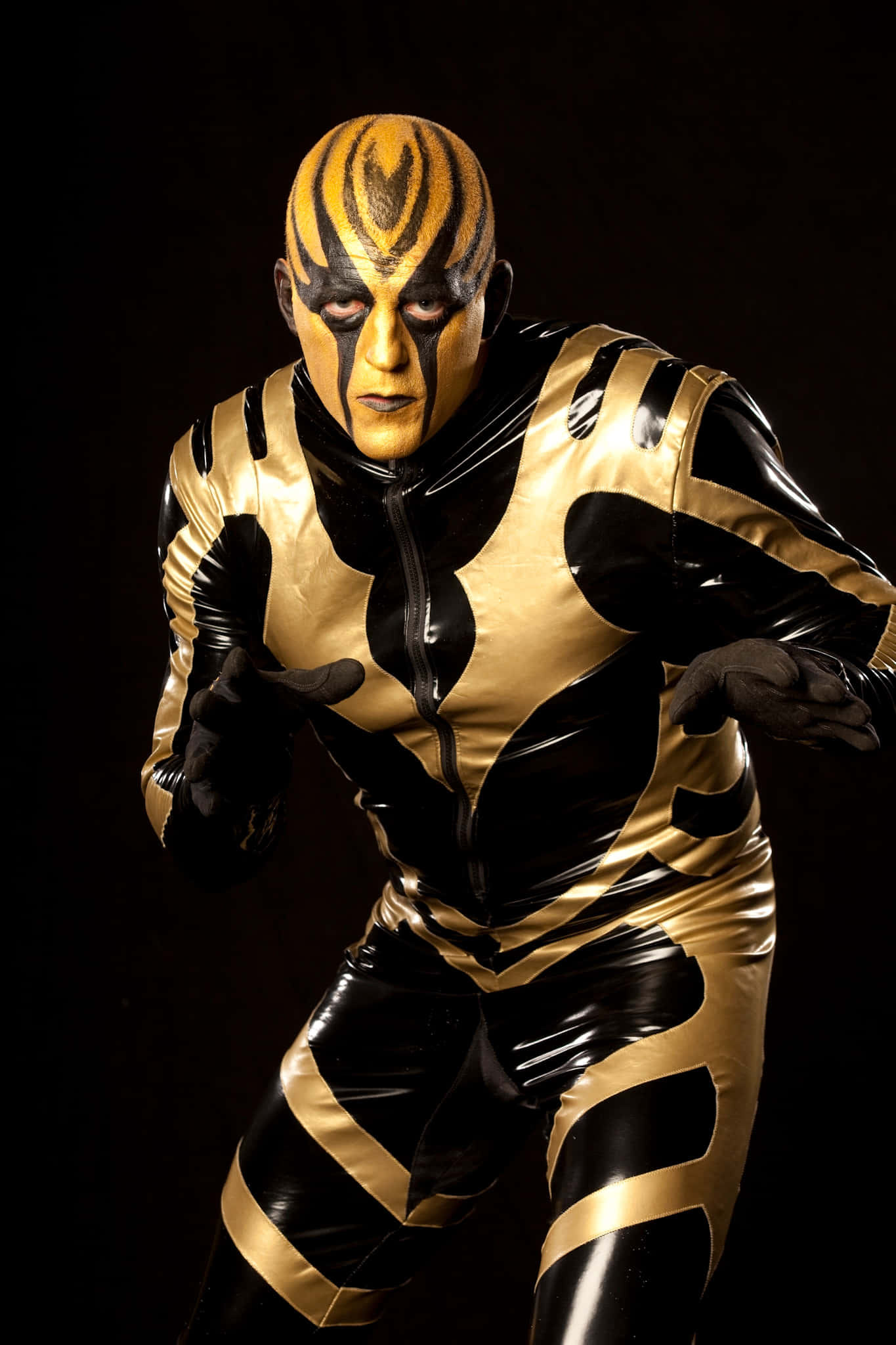 Dustin Rhodes 身著經典 Goldust 裝束 壁紙 — 一名穿著閃亮黑色和金色緊身衣、臉上畫有老虎條紋的摔角手在黑暗背景下擺出挑釁姿勢。