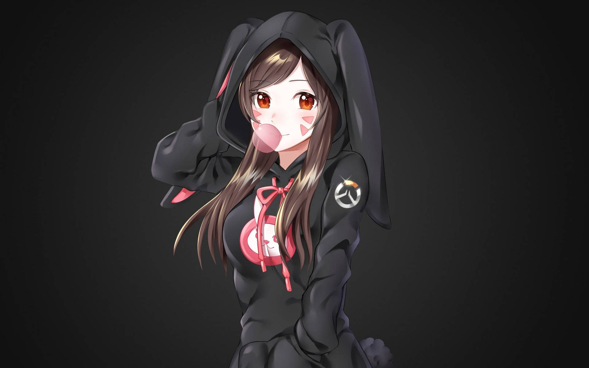 動漫女孩穿著黑色兔子連帽衫，吹著粉紅色泡泡糖。