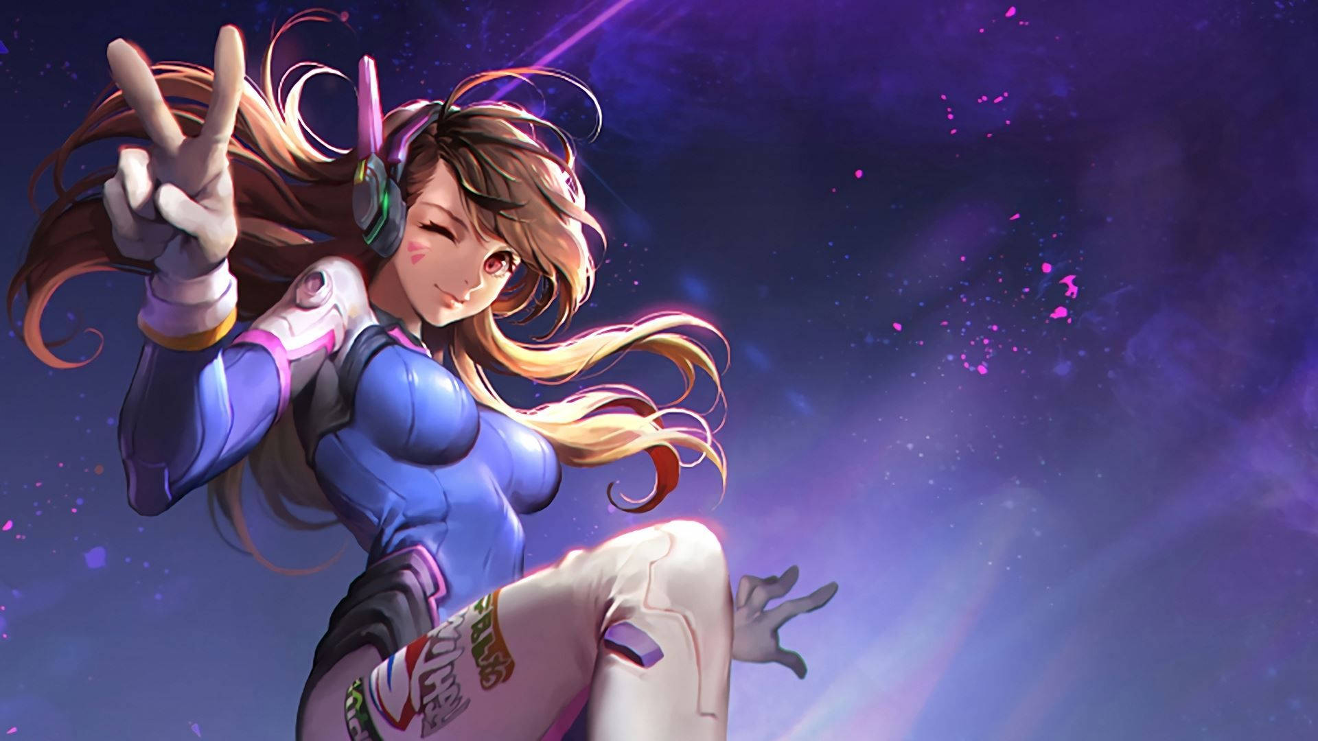 穿著未來風格服裝的動漫女孩在星空紫色天空前比出和平手勢。