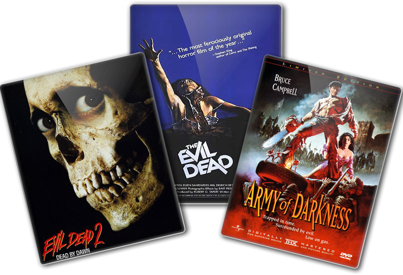 《鬼玩人》系列DVD封面 壁紙 — 三張Evil Dead電影DVD封面，展示一個骷髏頭、一個尖叫的女人和一個在火熱戰鬥場景中揮舞電鋸的男人。