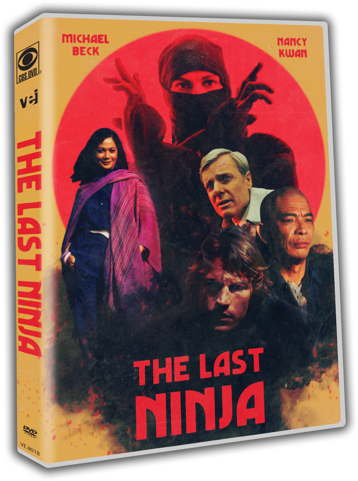 《最後的忍者》DVD封面 壁紙 — 《最後的忍者》的復古電影海報，展示一個戴面具的忍者聳立在四位演員之上，背景是火紅色的圓形。