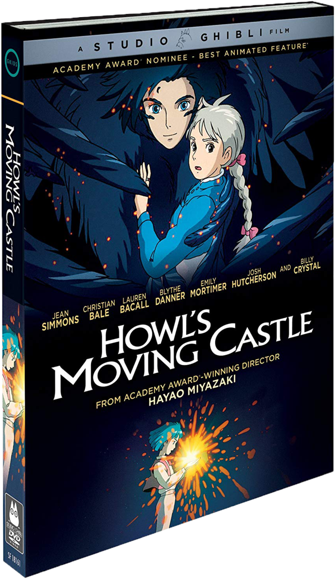 《霍爾的移動城堡》DVD封面 壁紙 — 吉卜力工作室《哈爾移動城堡》DVD封面顯示一個辮子女孩緊抓著一個黑髮男孩，背景是星空夜空，下方有發光的魔法火花。