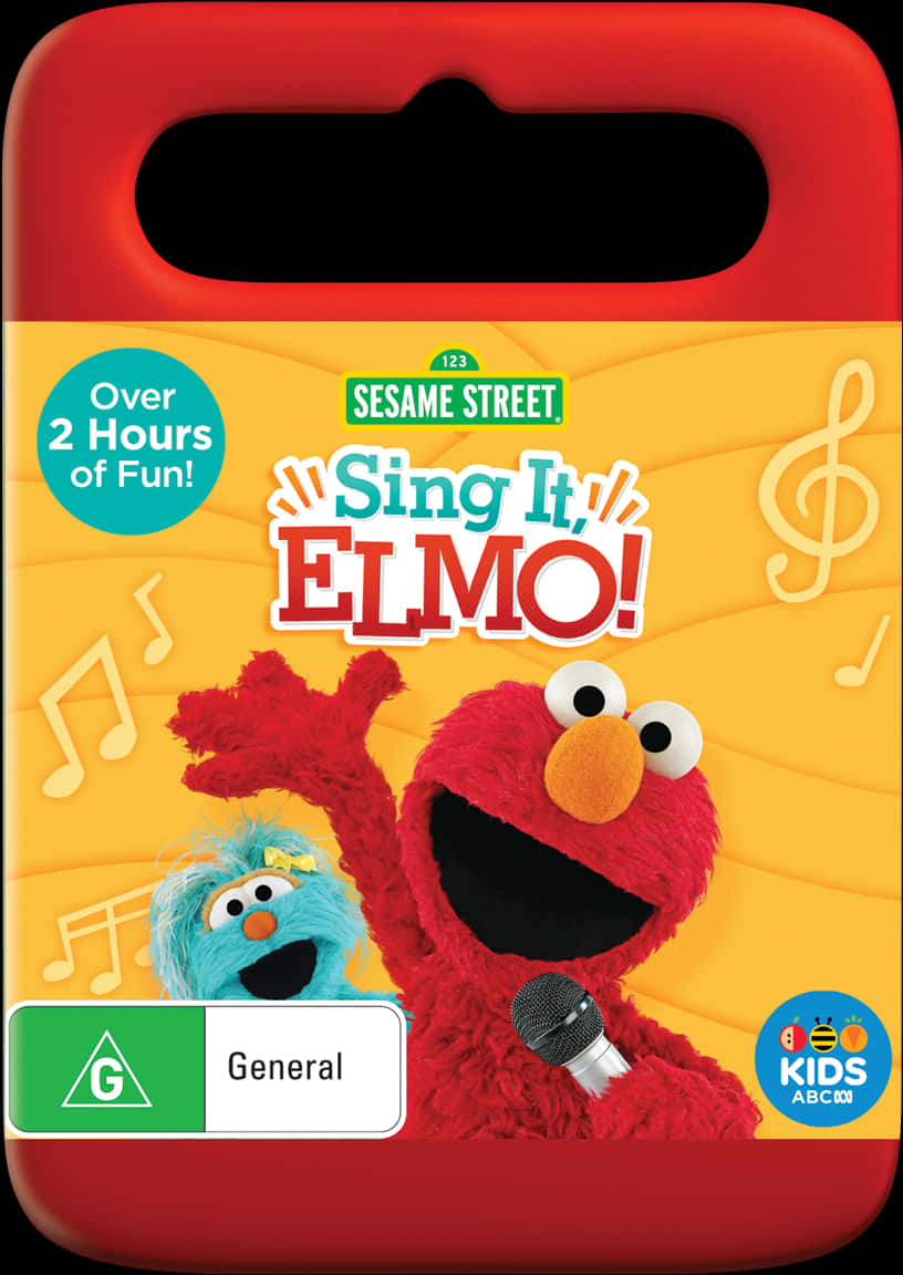 芝麻街《跟艾摩一起唱歌》DVD封面 壁紙 — Elmo 和 Abby Cadabby 在充滿音符的亮黃色背景前，對著麥克風歡快地唱歌。