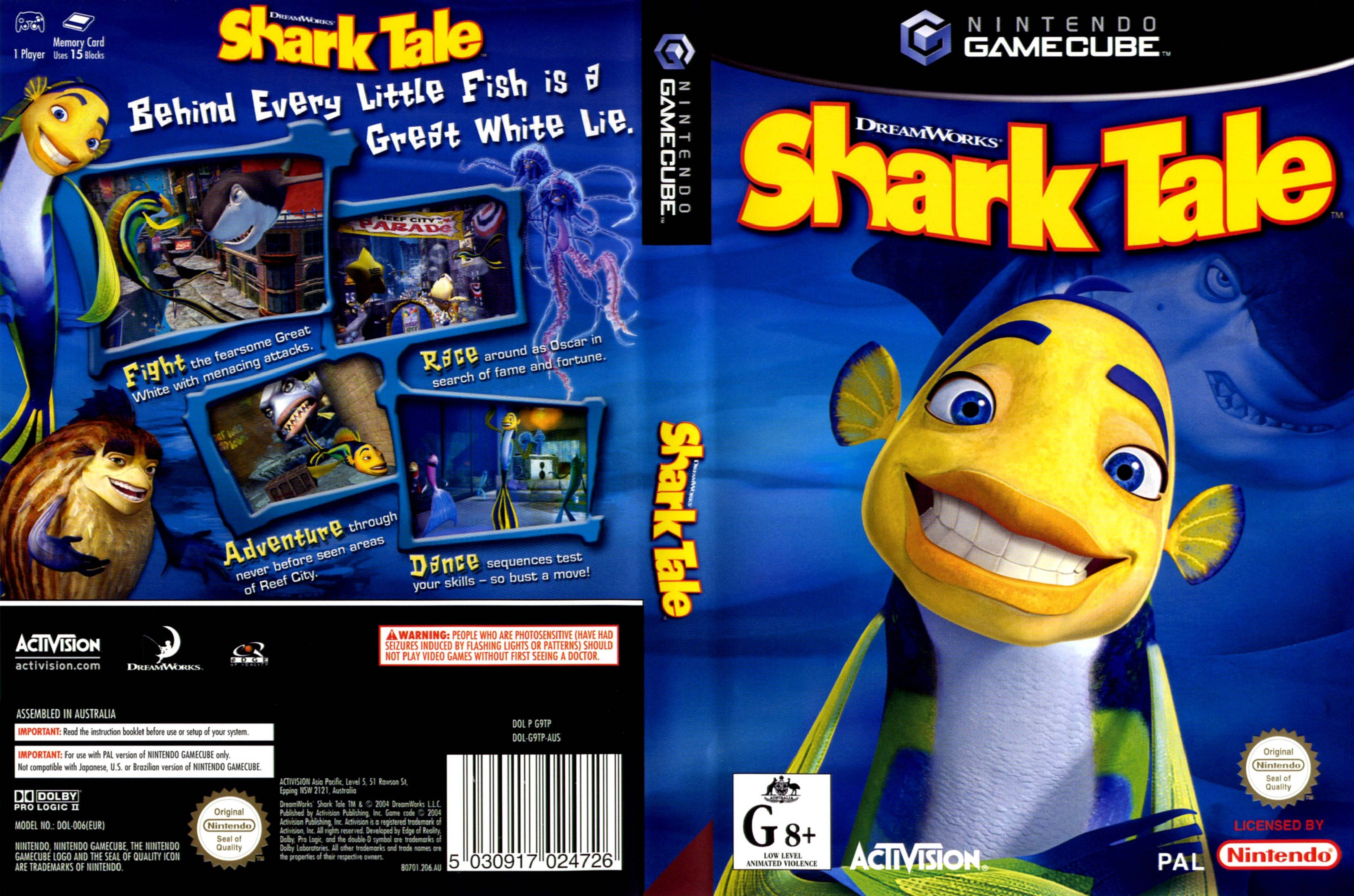 《鯊魚故事》DVD海報與背面 壁紙 — 一個充滿活力的Nintendo GameCube《鯊魚故事》封面，主角是一條微笑的黃色魚，背景是深藍色的海洋。