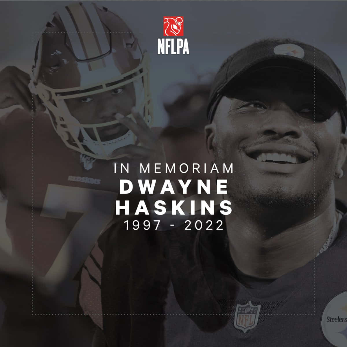 Dwayne Haskins 的紀念致敬照片，帶有 NFLPA 標誌和 1997 年至 2022 年的年份。